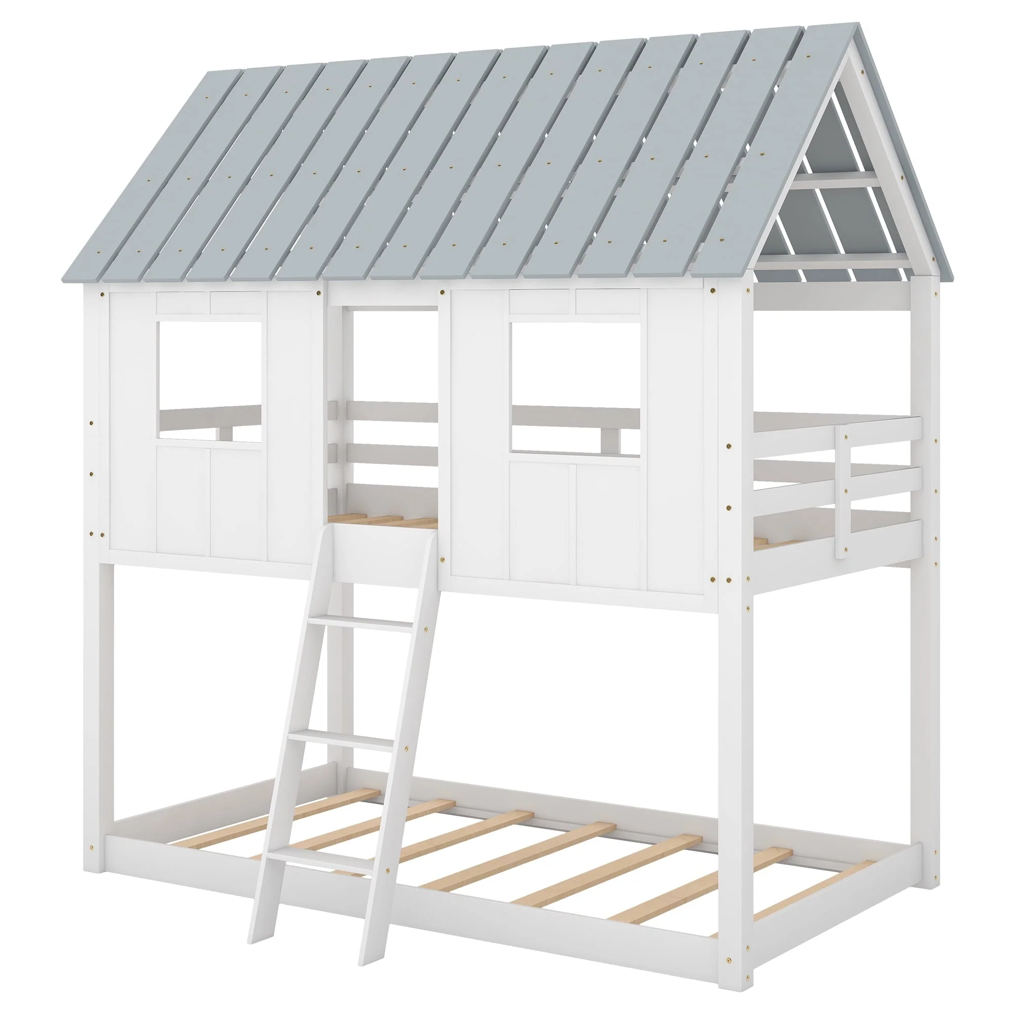Twin over Twin Low Bunk Bed with Roof and Guardrail for Kids Room, White - Image 10