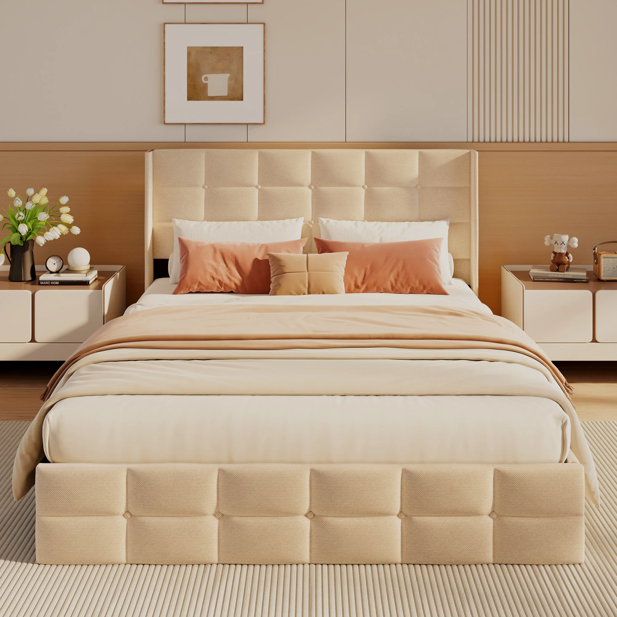 Queen Storage Bed Frame with Hydraulic Lift, Upholstered Headboard Wood Slats, Beige(Queen/Beige) - Image 5