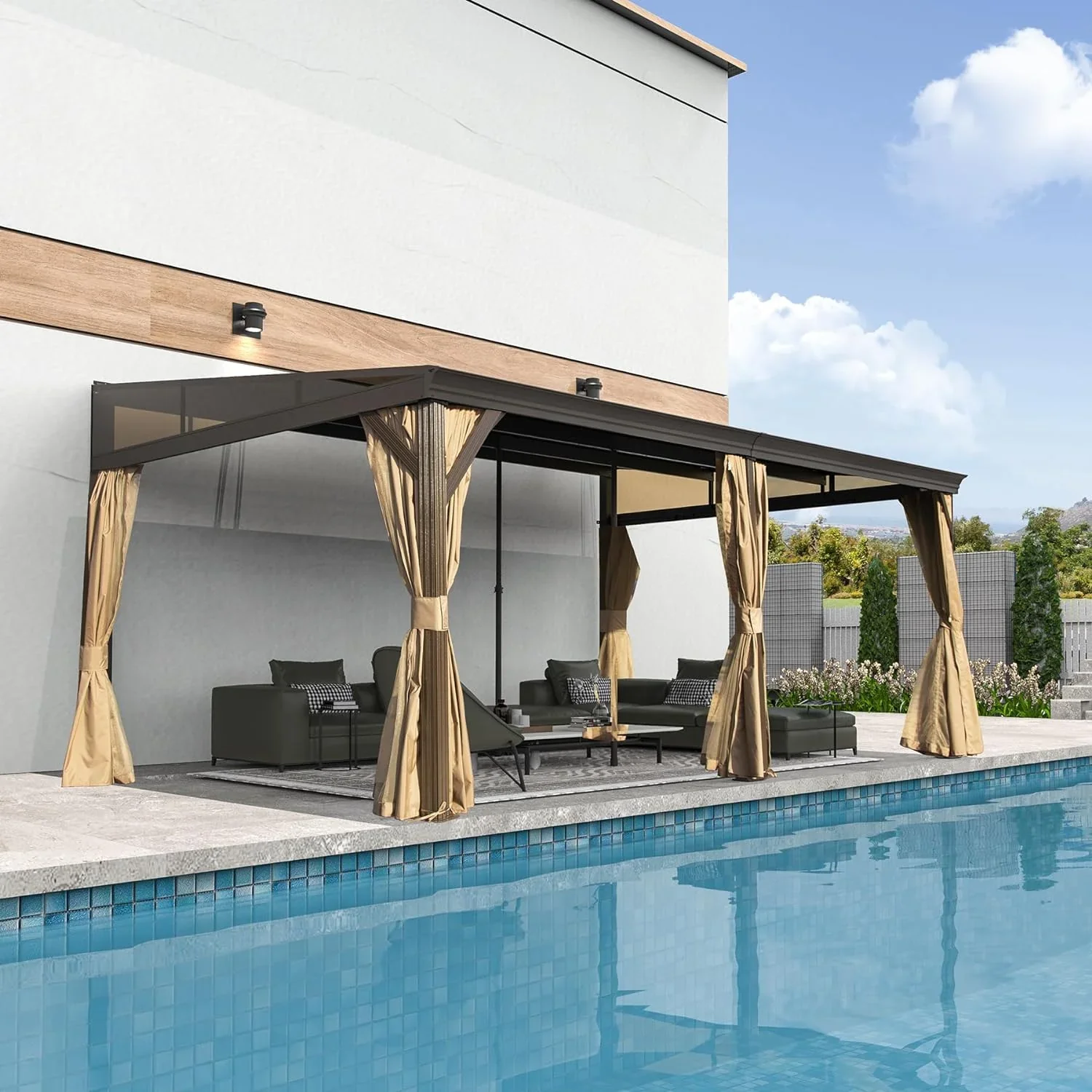 Domi Outdoor Living 10' x 12' Hardtop Lean-to Gazebo, Wall-Mounted with Galvanized Steel Roof Wall Pergola with Aluminum Frame, Curtains and Netting, for Patio, Deck, Garden, Backyard