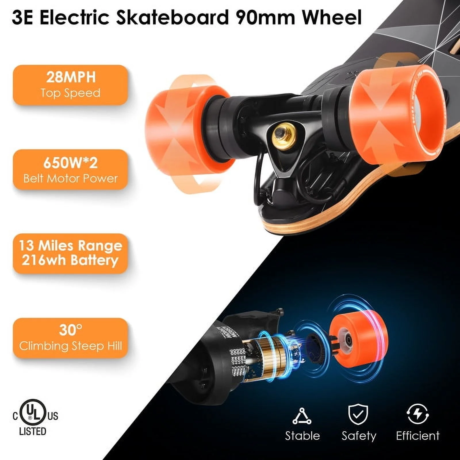 3E Electric Longboard Portable lightweight E Skateboard with Dual Motors Belt, Black, 330ib - Image 3