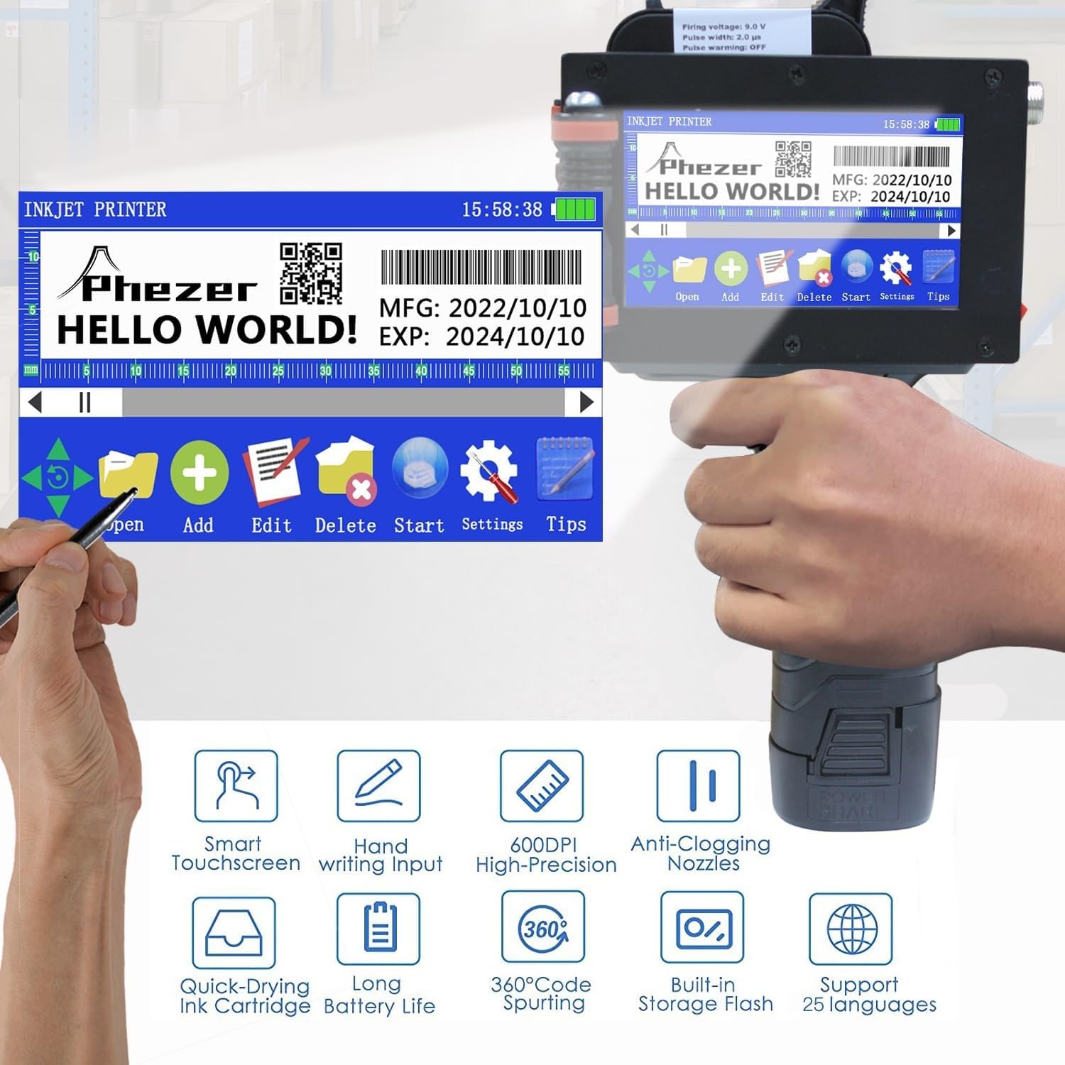 P16-1 Handheld Inkjet Printer, 1 Inch/25.4mm Date Printer with 72ml Solvent Ink Cartridge, Portable Intelligent Coding Machine for Expiry Date/Time/Barcode/QR Code/Logo (Metal Case)