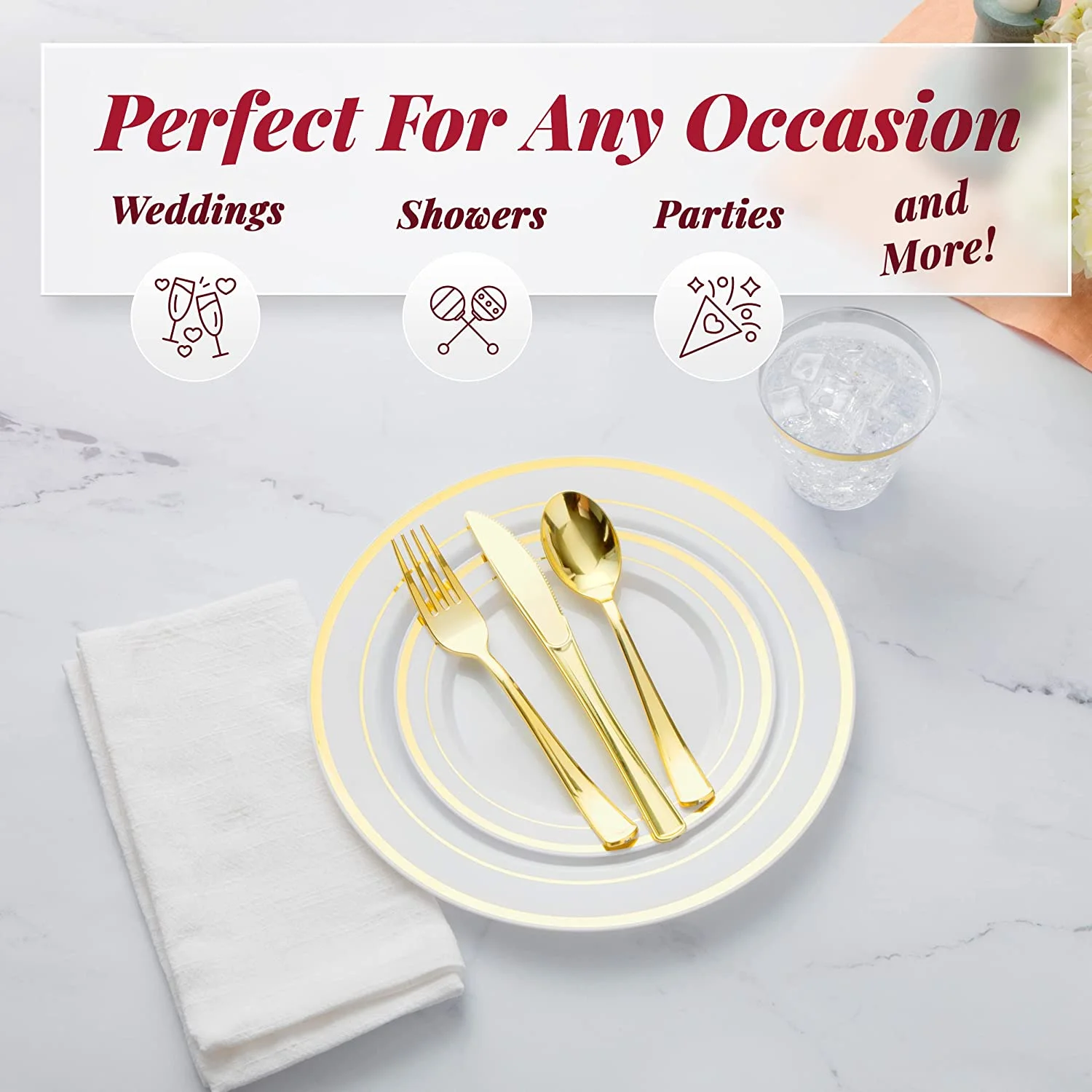 Prestee 600 Piece Gold Dinnerware Party Set (100 Guest), 100 Salad Gold Plates, 100 Gold Plastic Silverware Set, 100 Gold Cups Disposable Party Pack Wedding Birthday Parties(Gold) - Image 3