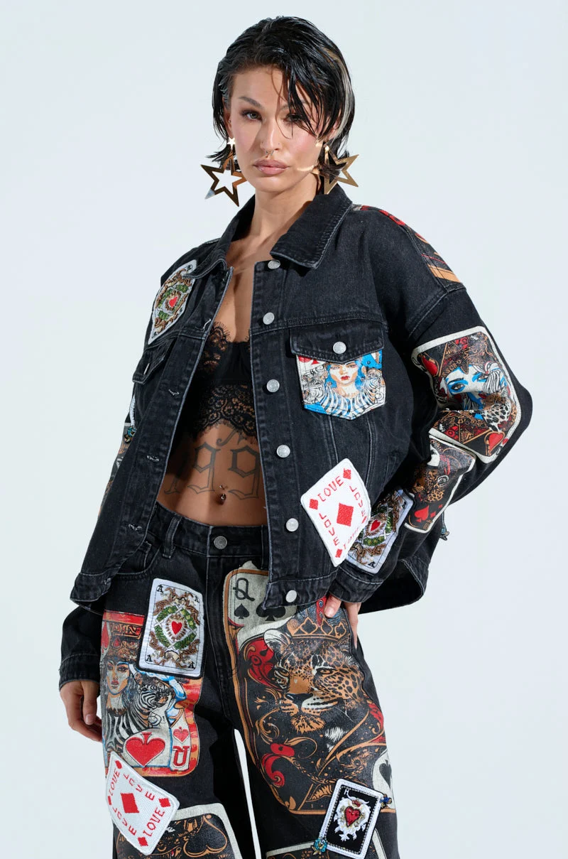 QUEEN OF HEARTS PRINTED AND EMBELLISHED DENIM JACKET - Akira Store