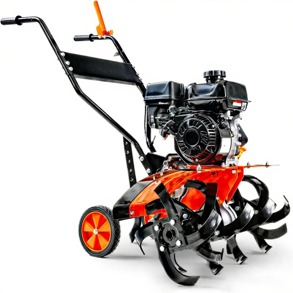 Motoculteur à fraises arrière – Moteur 7 CV 209 cm³, largeur et profondeur de travail réglables, fraises en acier robustes pour la préparation du sol, l'aménagement paysager et le désherbage.
