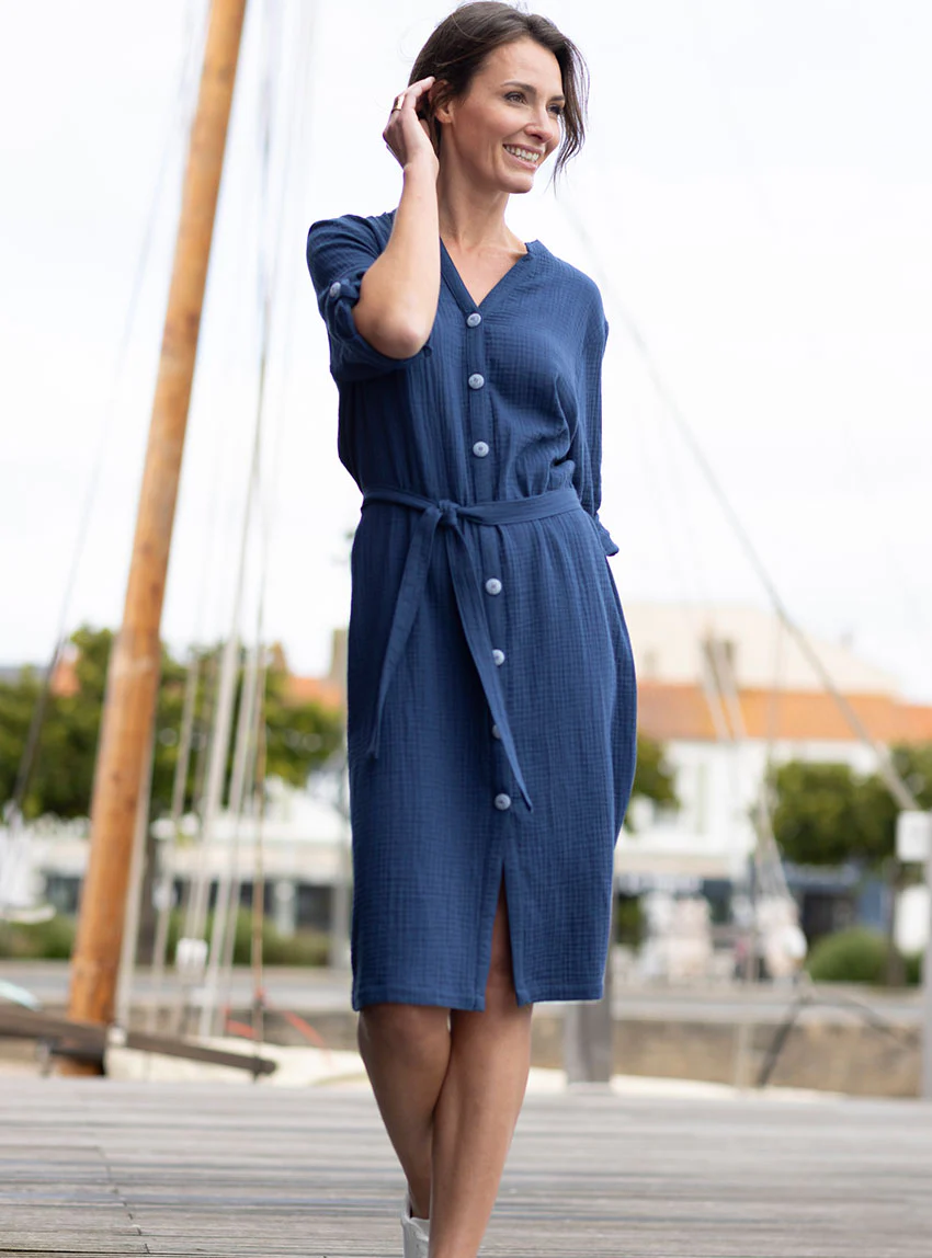 Robe femme en gaze de coton bleu indigo