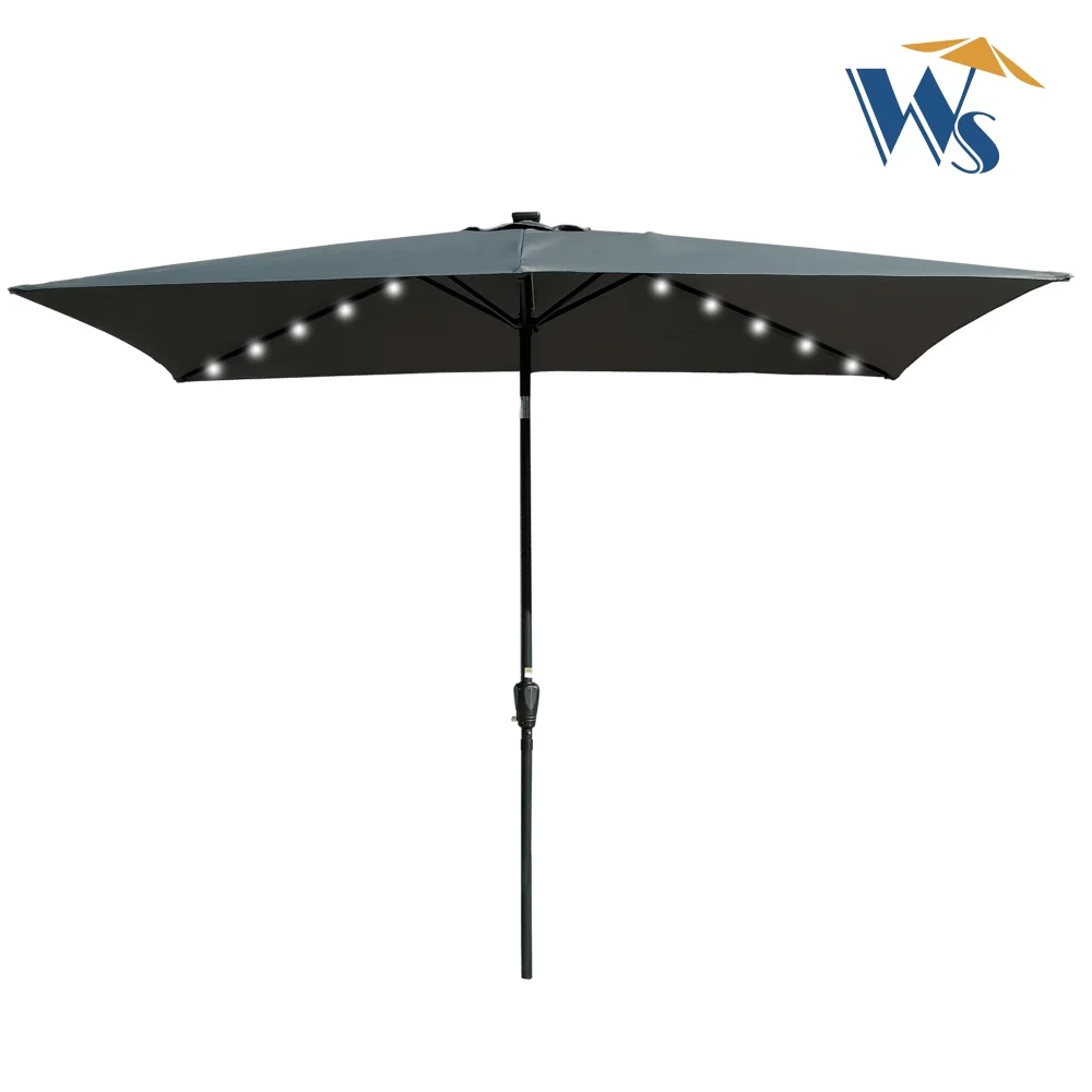 10 x 6.5t Patio Umbrella,Rectangular Picnic Table Umbrella,6-8 Chairs Tilt Umbrella with 26 LED Lights,Waterproof Umbrella Sunshade with Crank and Push Button Tilt for Garden Backyard Pool,LIGHT GREY
