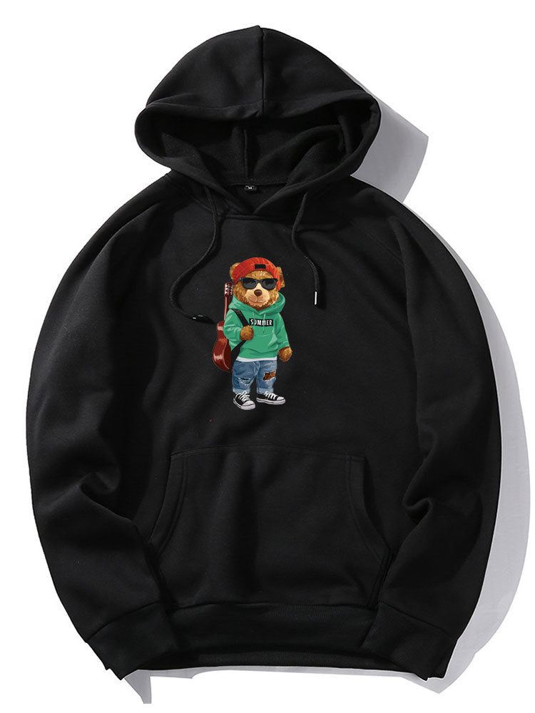 Sweat à capuche imprimé ours et guitare