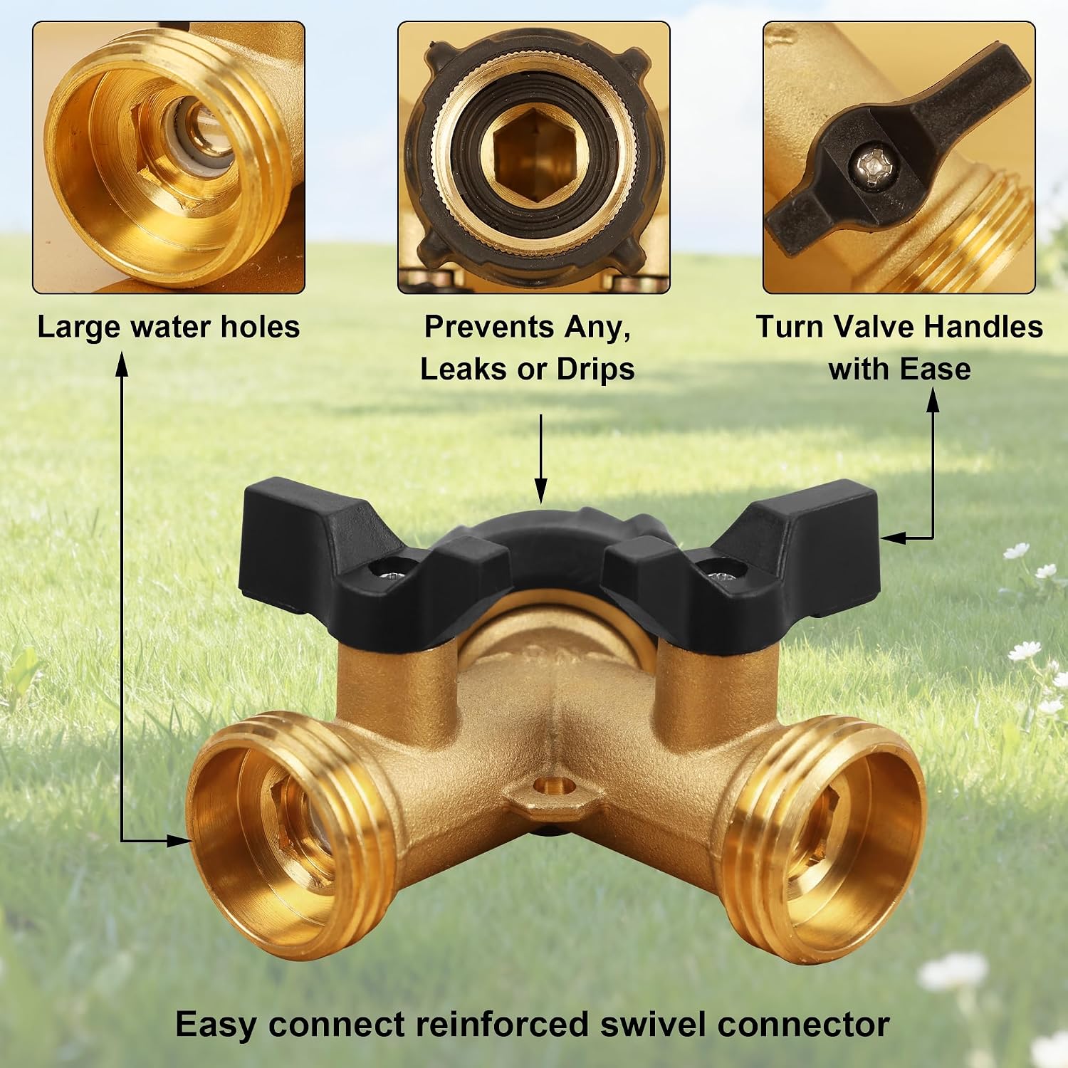Biswing Garden Hose Splitter 2 Way, Heavy Duty Brass Connector Tap Splitter, Y Splitter 2 Valves with 2 Extra Rubber Washers