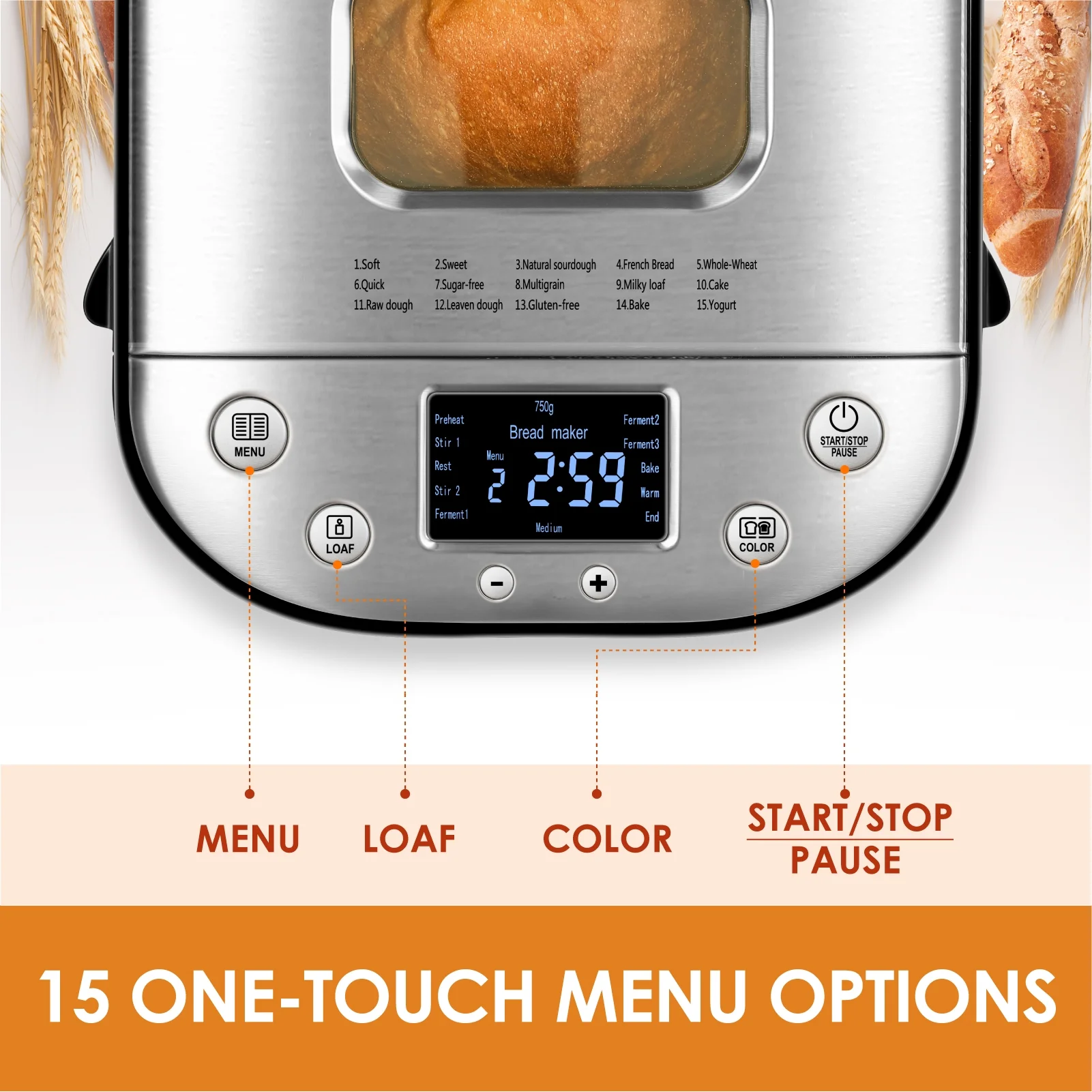 Kitchen in the Box 15 - in - 1 Bread Machine, 2 lb Stainless Steel Automatic Bread Maker with Recipes - Silver
