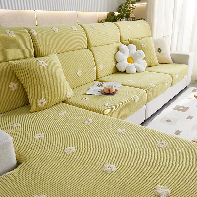 Floral Embroidered Fleece Sofa Anti-Scratch Stretch Sectional Couch Cover