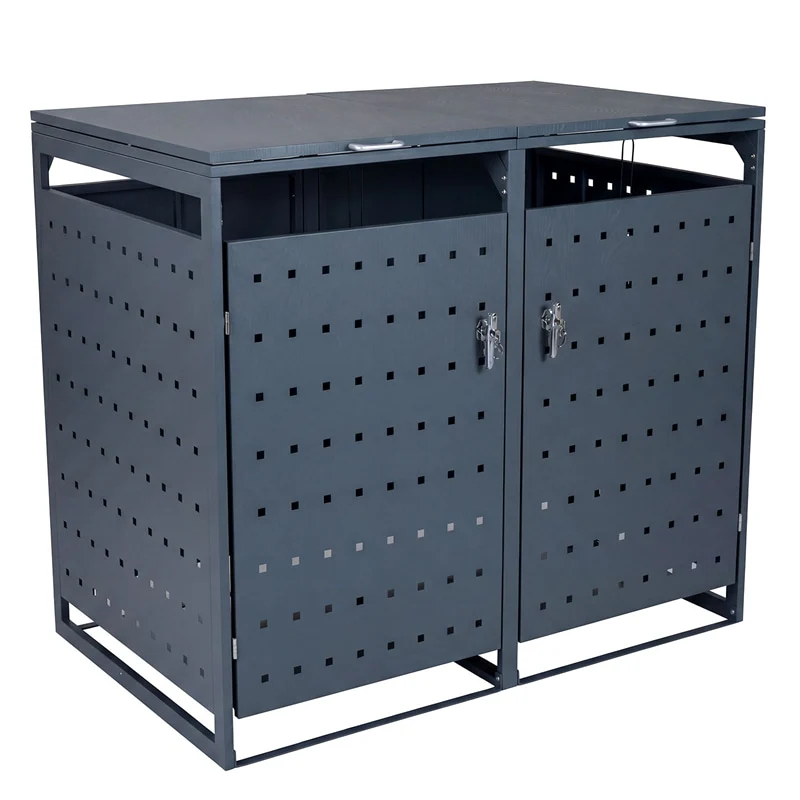 Outdoor Metal Garbage Bin Storage Shed for 2 Trash Cans, 44 Cu.Ft Double Trash Can Enclosure w/ Gas Struts & Lockable Doors, Patio Garden Bin Cabinet