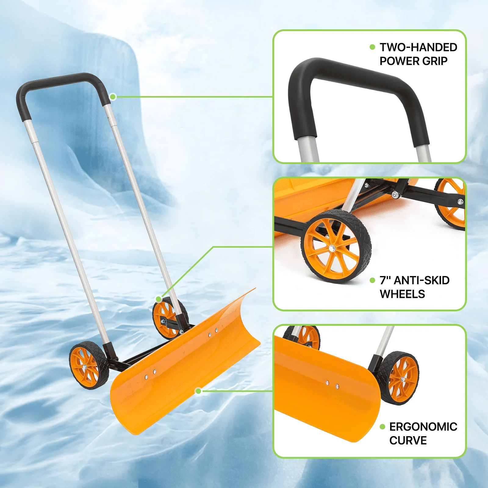 Snow Shovel with Wheels, 37 5 inch Wide Rolling Snow Plow Pusher Shovel with Adjustable Aluminum Handle, Snow Removal Tool for Driveway Garden Pavement, Orange Image 5