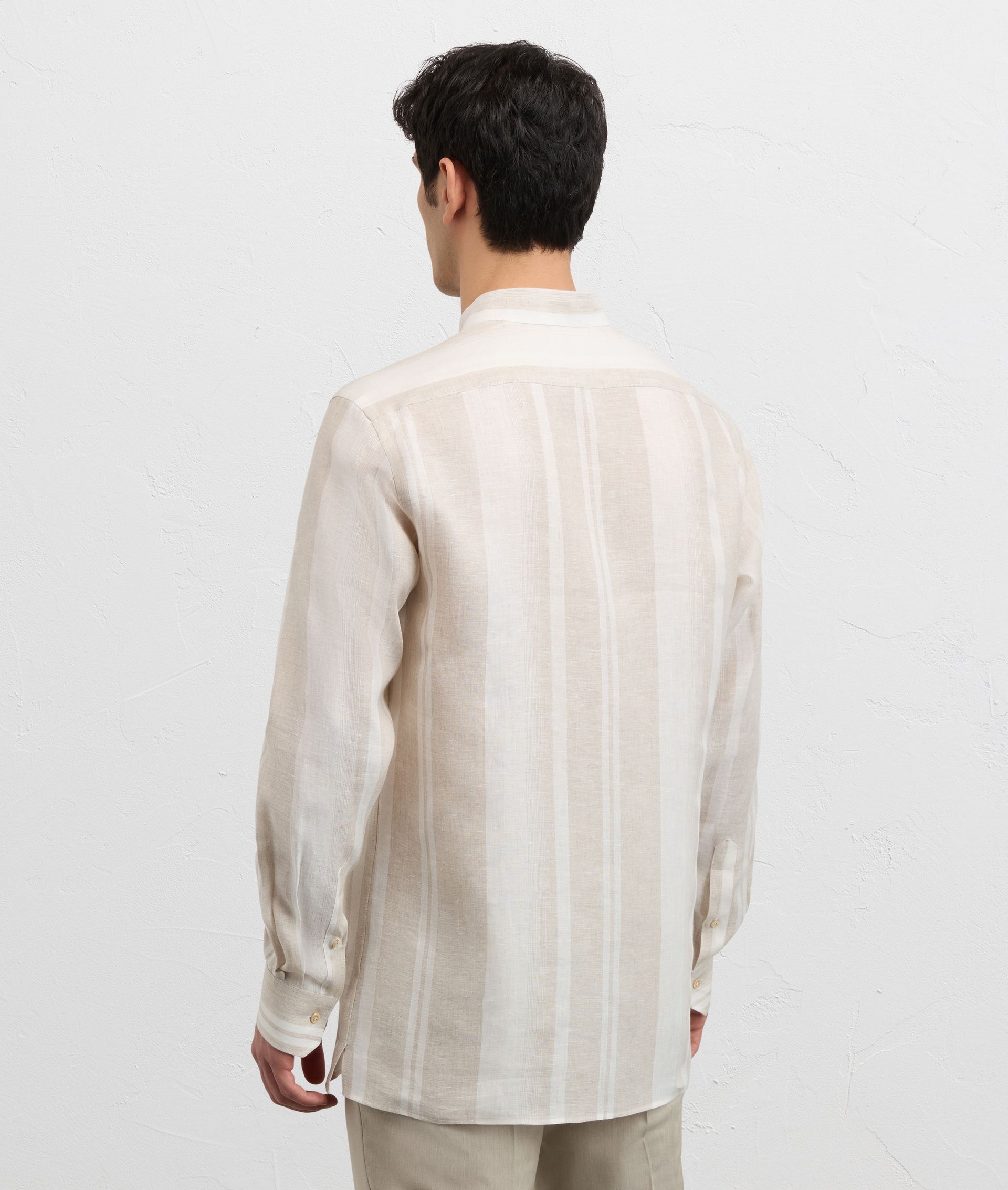 LIGHT BROWN MAXI STRIPED LINEN SHIRT WITH ALESSANDRIA COLLAR