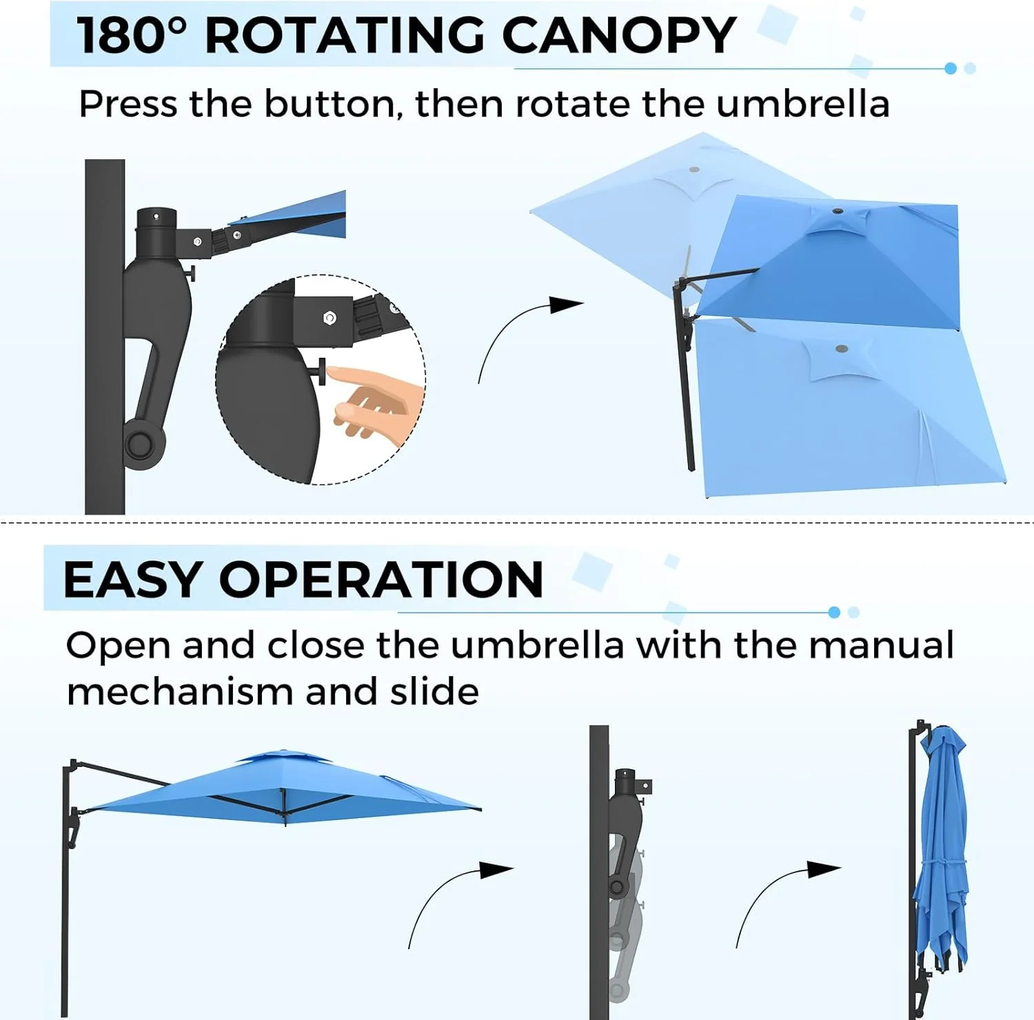 AECOJOY 10ft Cantilever Patio Umbrella, Large Rectangle Umbrella 180° Rotation Offset, Blue