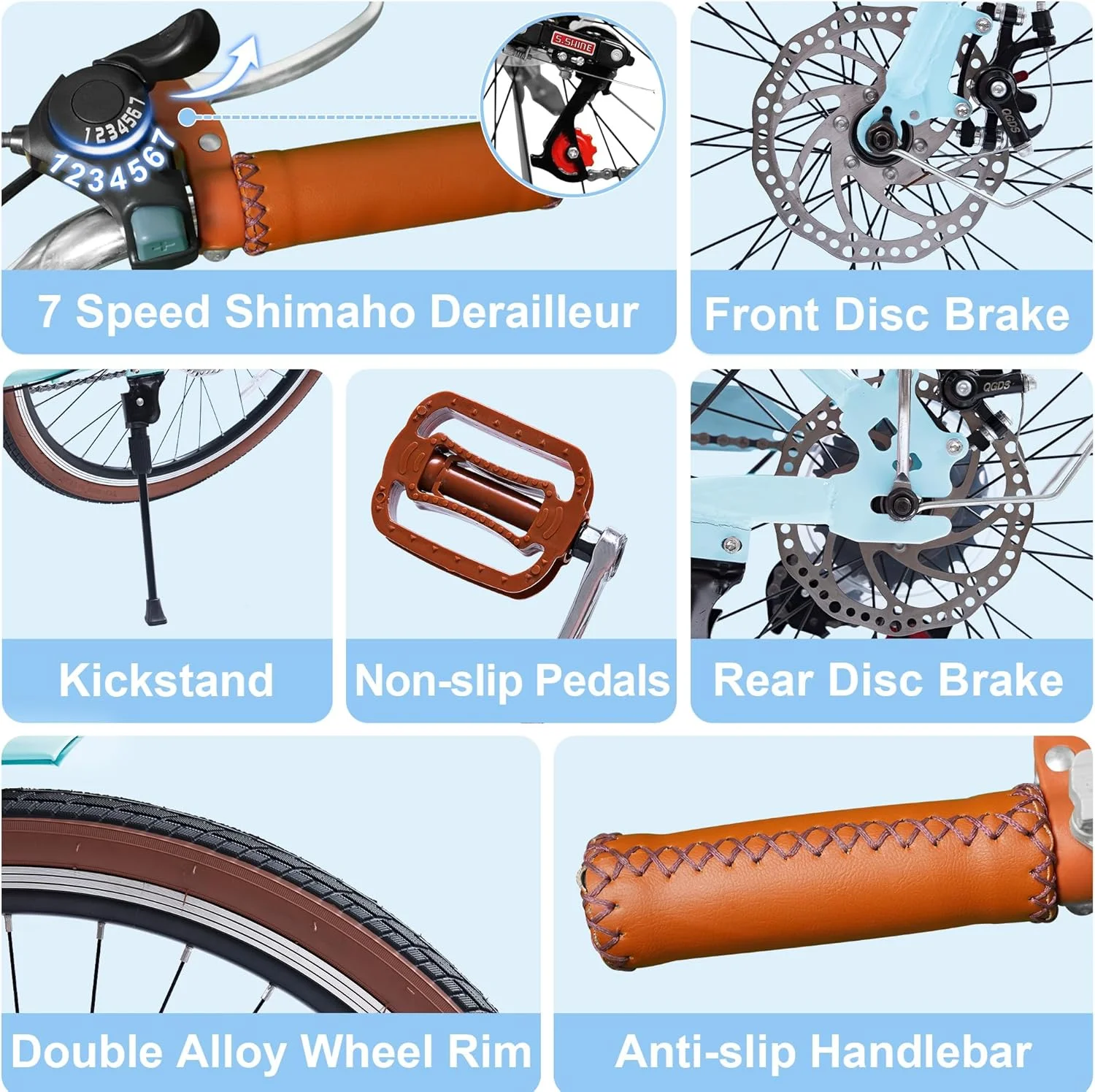 26" Beach Cruisers for Women, Bikes for Women with Rattan Basket, 7-Speed Step-Through Frame(Light Blue/26") - Image 6