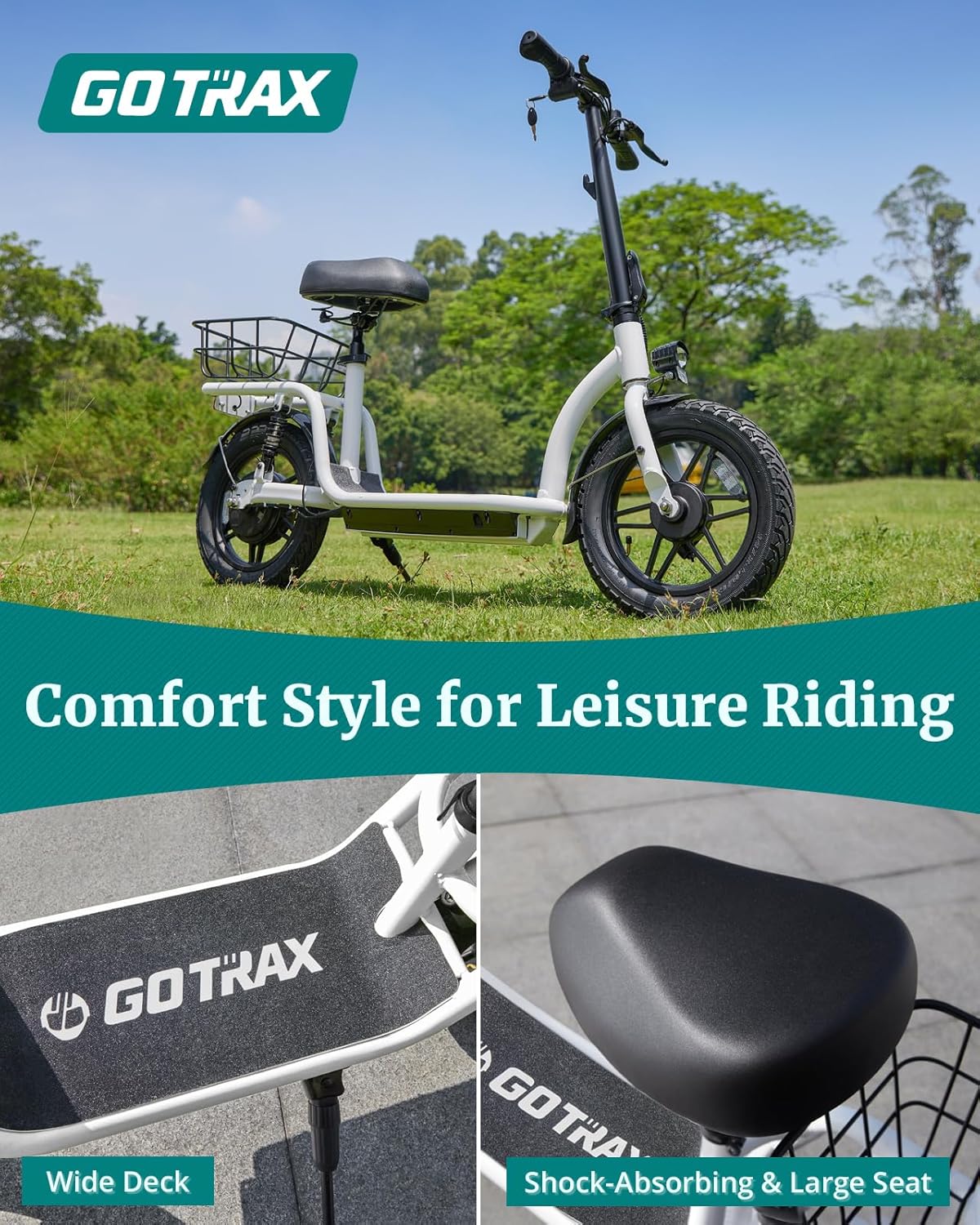 Trottinette électrique Gotrax pour adultes avec siège, autonomie maximale de 30 à 40 km, pneus tout-terrain, larges pédales