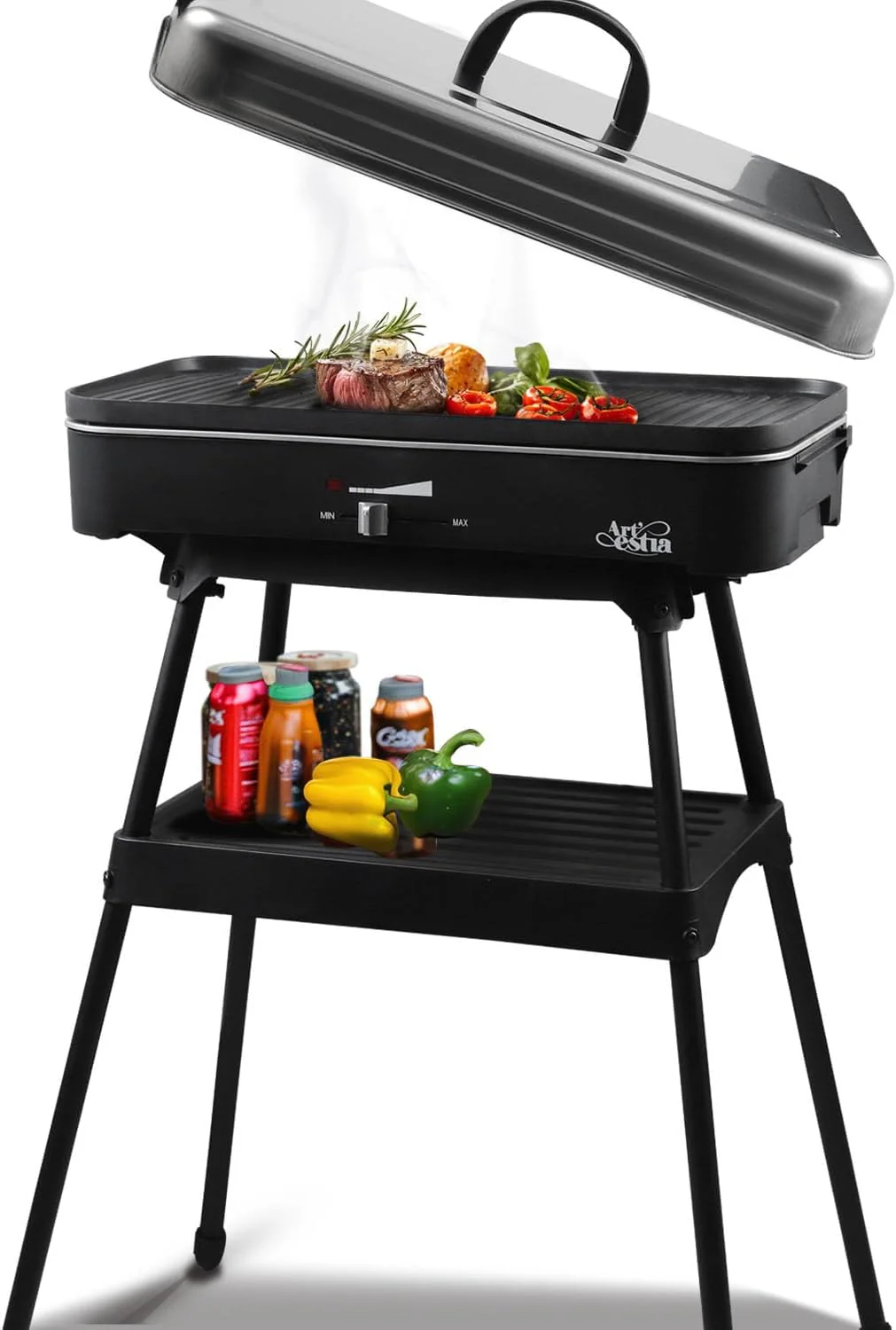 Barbecue électrique Artestia 1800W avec couvercle, idéal pour l'intérieur et l'extérieur, sans fumée, avec contrôle de la température et support amovible portable. Parfait pour cuisiner, faire des barbecues et des repas en famille.