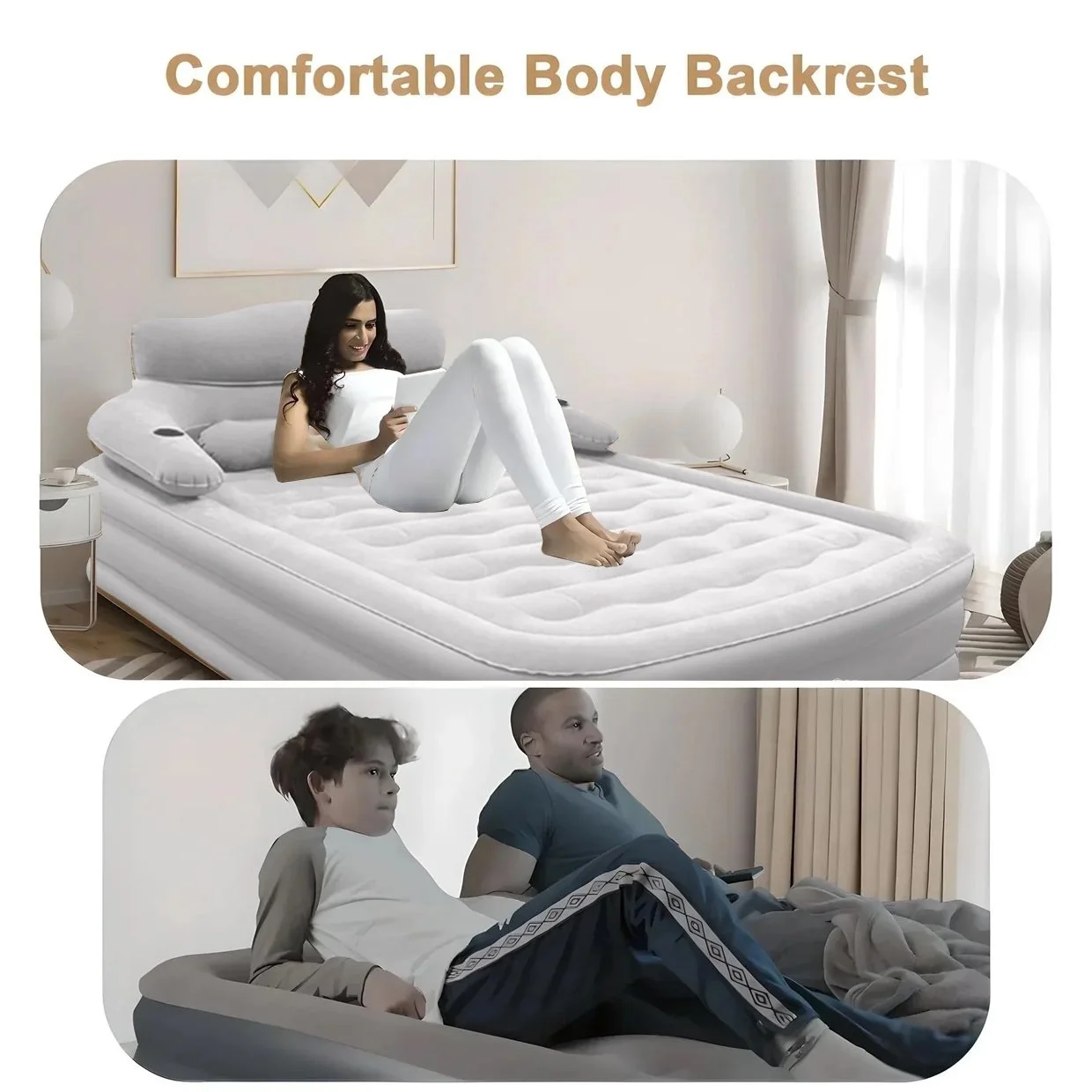 Queen Air Mattress with Backrest �C 18.9" Thick Inflatable Bed, Built-in Pump Night Light, Waterproof Flocked Top, 800lb Load-Bearing capacity (Light Grey)(Light Grey) - Image 8