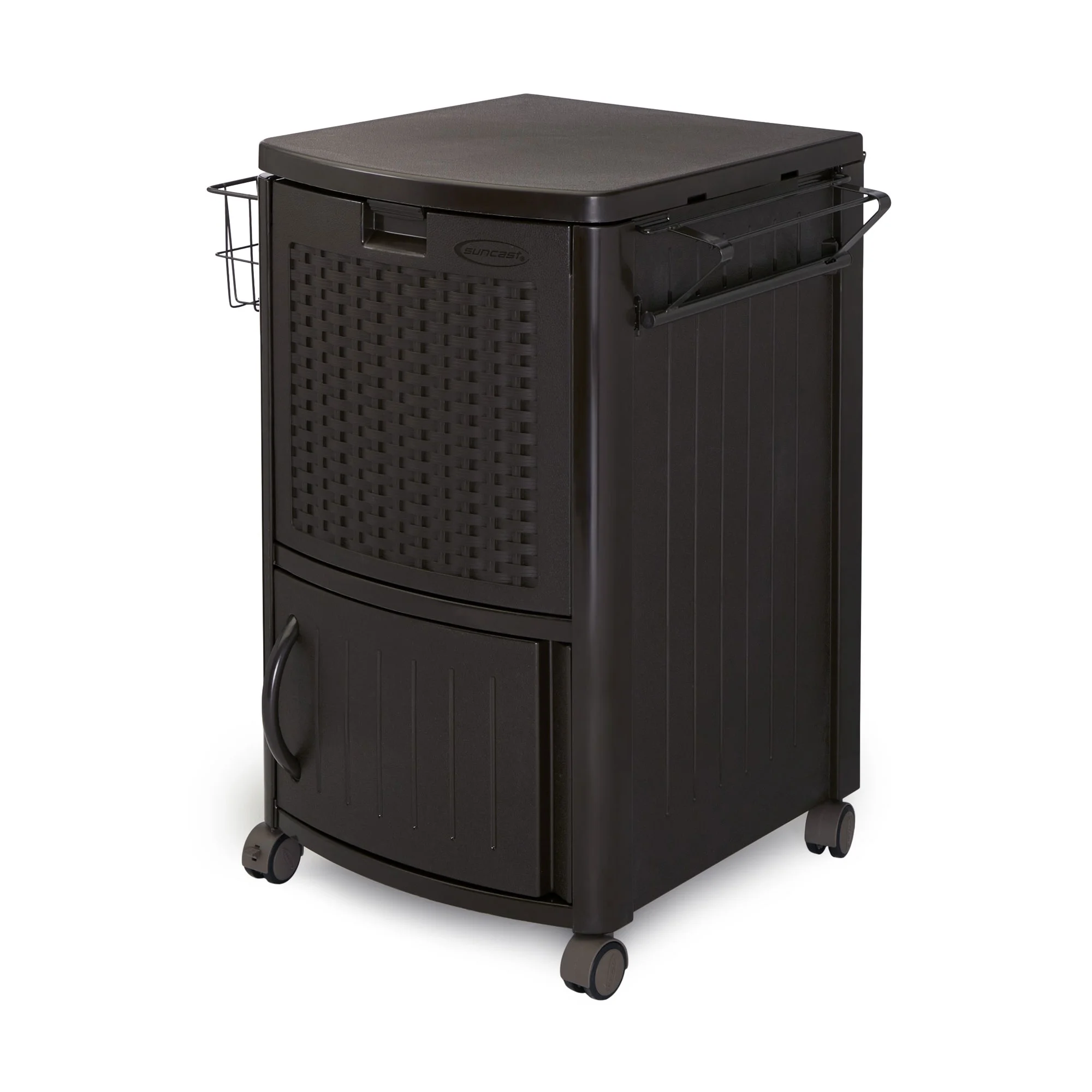 Suncast 77 Quart Patio Cooler W/ Cabinet and Basket W/ Wicker Trash Hideaway