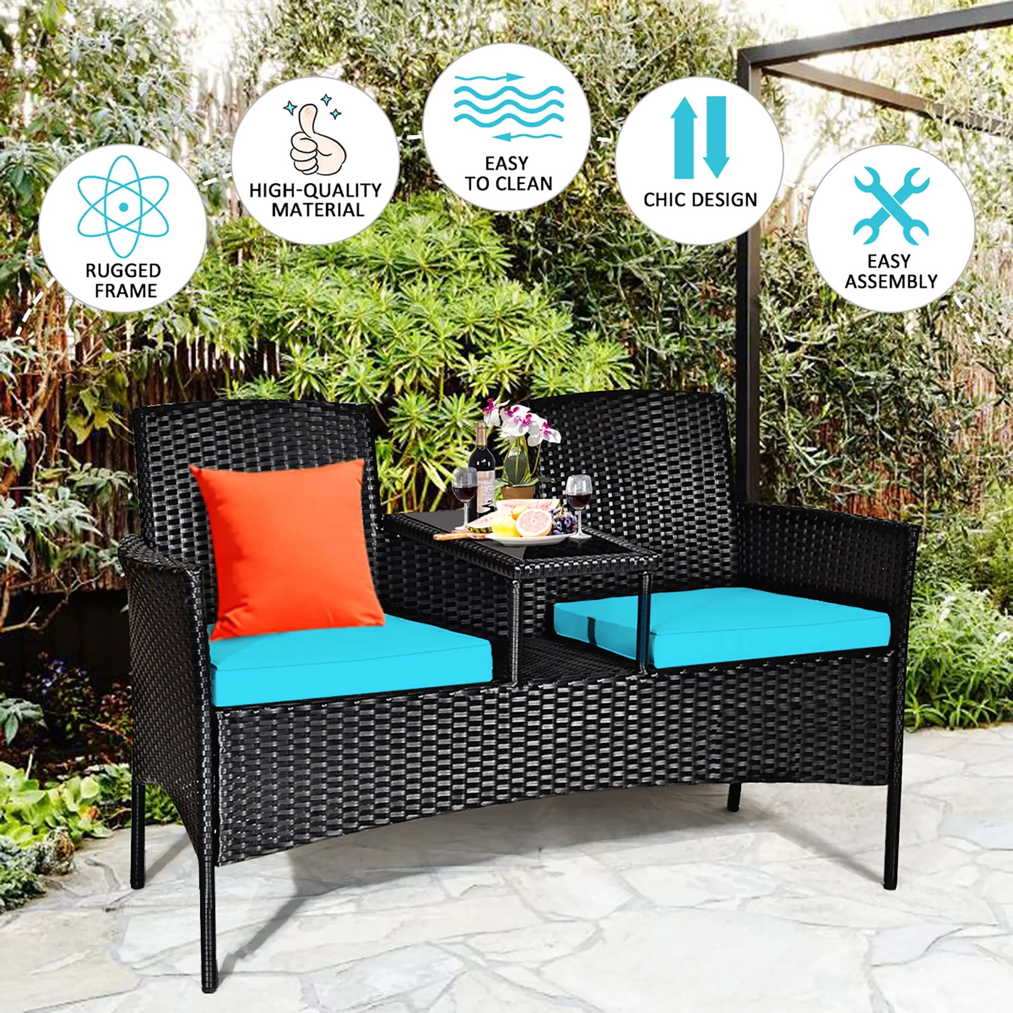 Patio Rattan Conversation Set Seat Sofa Cushioned Loveseat Chairs Turquoise(Turquoise) - Image 6