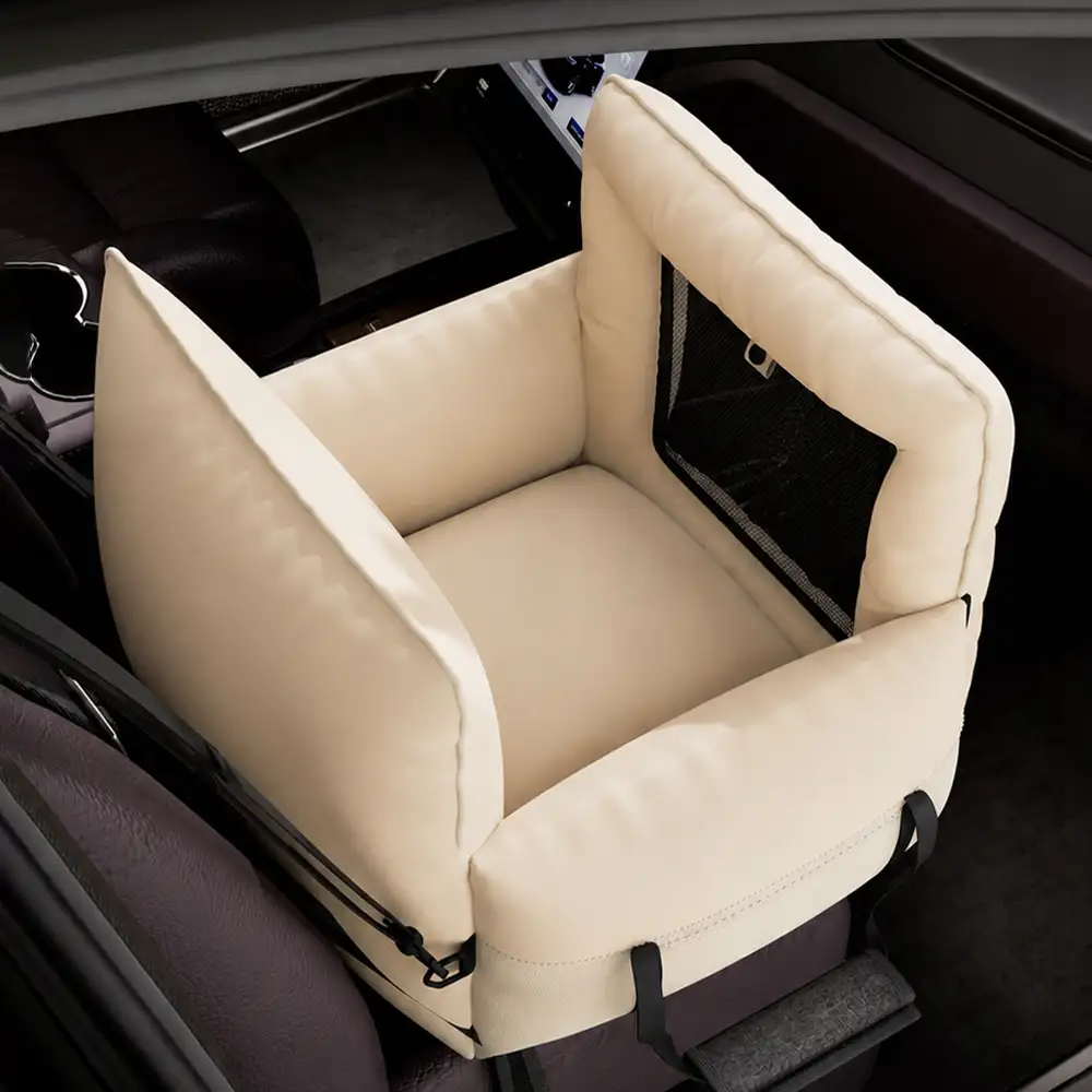 Faux Leather Waterproof Expandable Dog Car Seat Bed with Visible Mesh Window