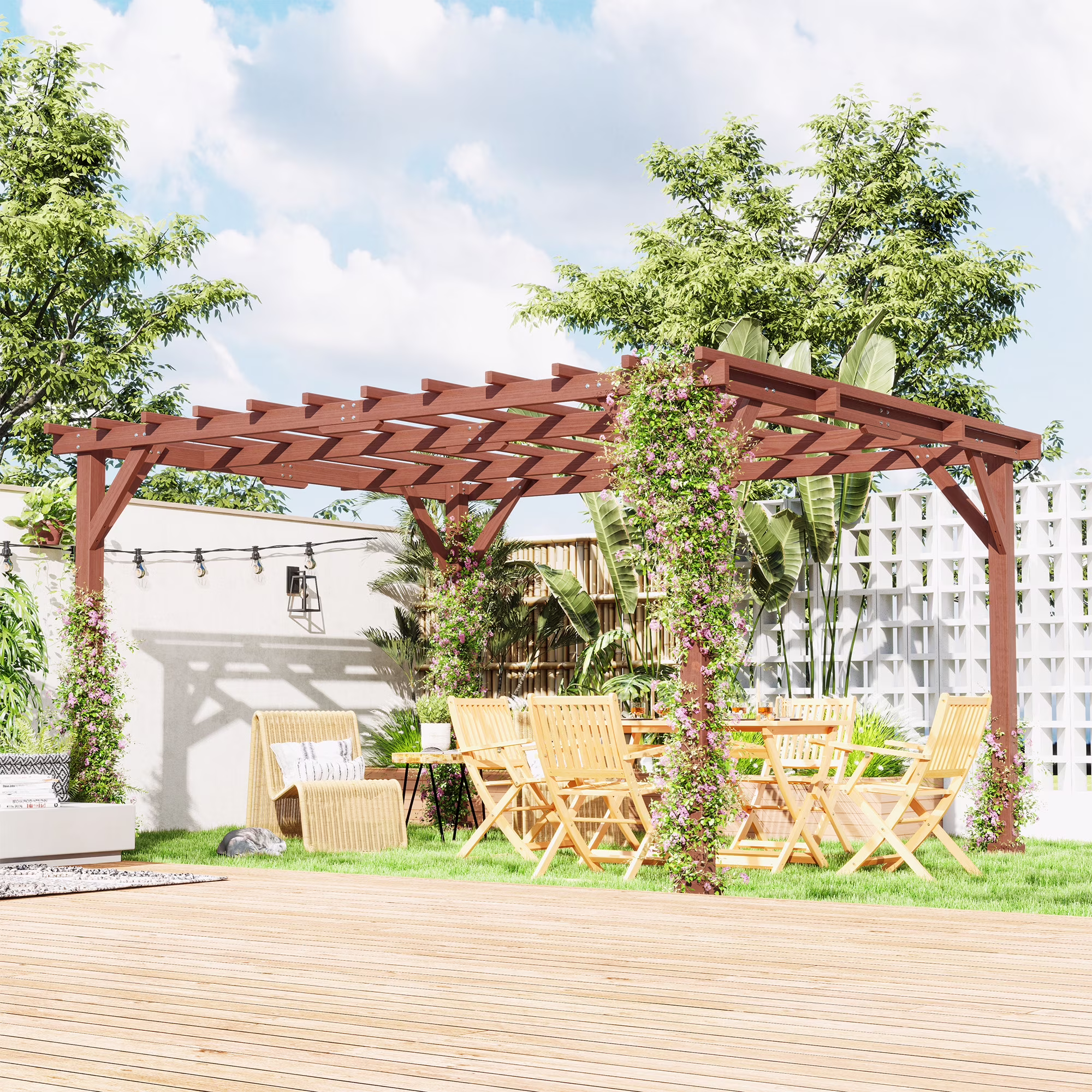 Outsunny 11' x 12.5' Outdoor Wood Pergola with Grape Trellis for Patio, Deck, Backyard, Lawn, Brown