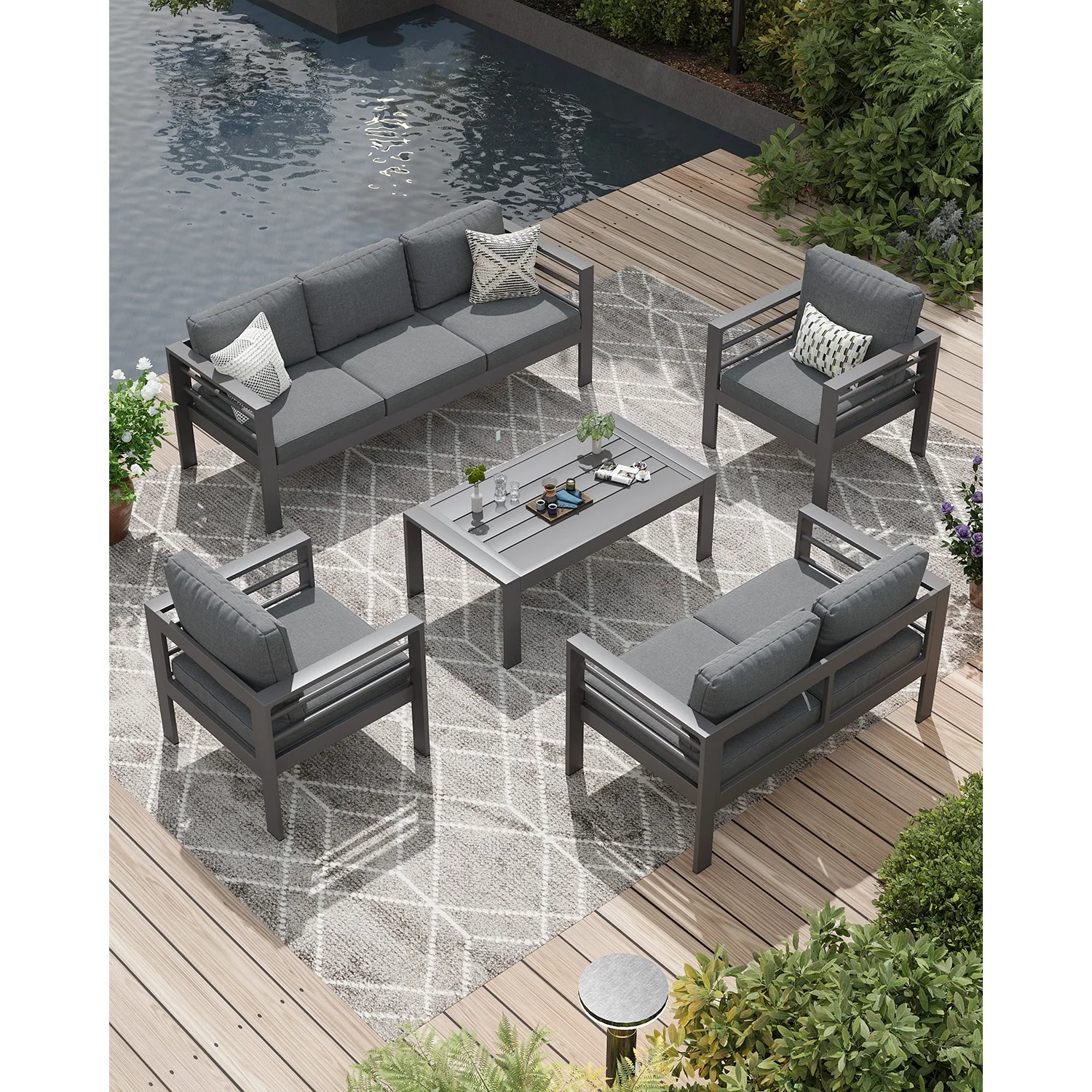 AECOJOY Aluminum Patio Furniture Set, 5 Pieces Outdoor Sectional Sofa Set, Dark Gray