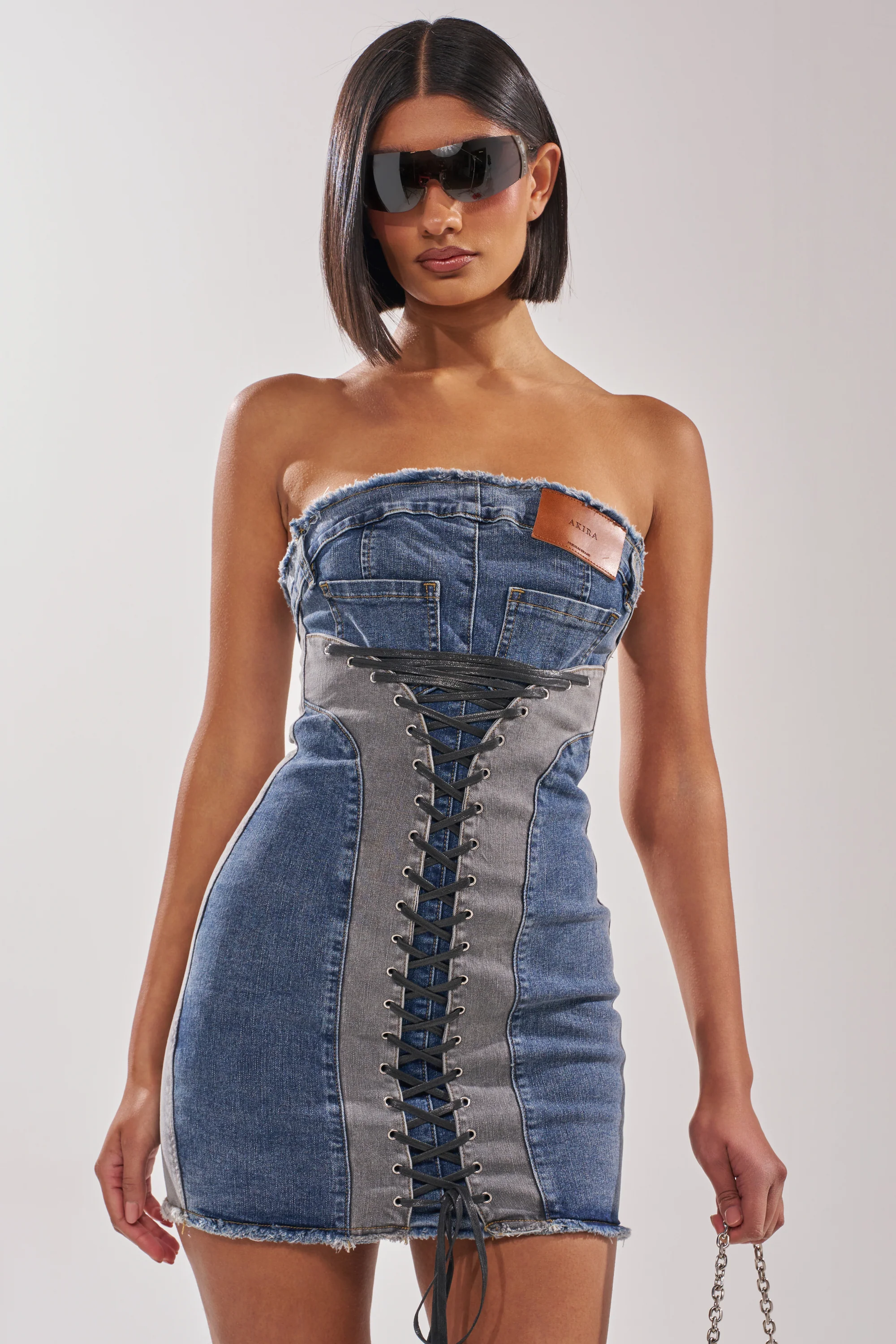 LACED UP MINI DENIM DRESS - Akira Store