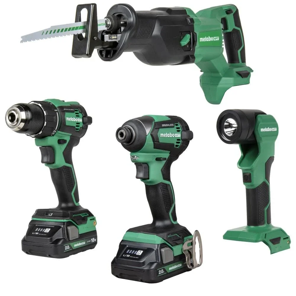 Metabo HPT 18V MultiVolt? Cordless Driver Drill, Impact Driver, Reciprocating Saw, and Torchlight 4-Pc Combo Kit | Includes 2-18V 2.0Ah Batteries | Lifetime Tool Warranty | KC18DEX4