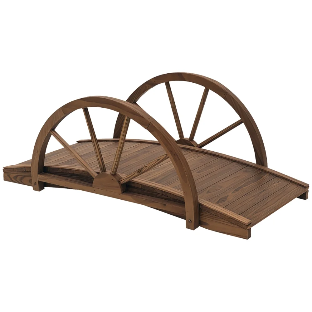 (HRR LTD)--3.3ft Wooden Garden Bridge Footbridge With Half-Wheel Style Railings & Solid Fir Construction, Stained Wood-LK LTD--(sd45r4e8 )
