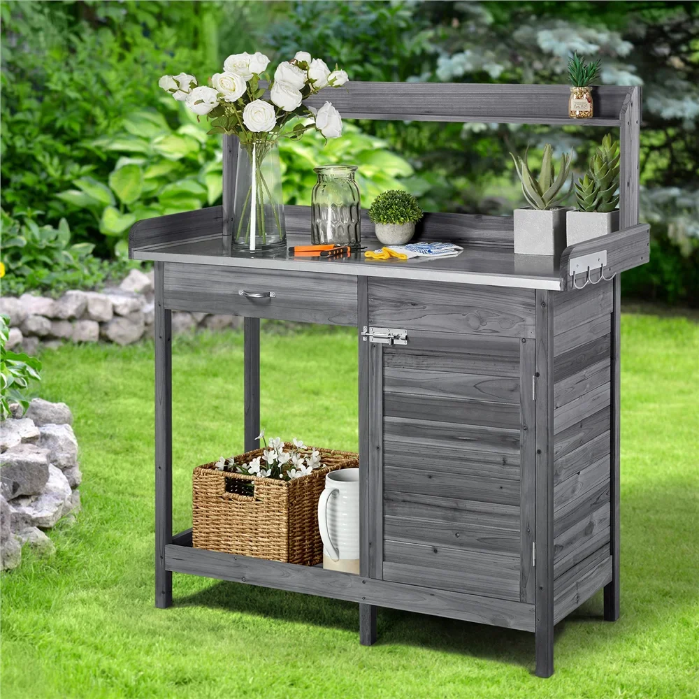 SmileMart Wooden Garden Potting Bench Table with Cabinet, Gray