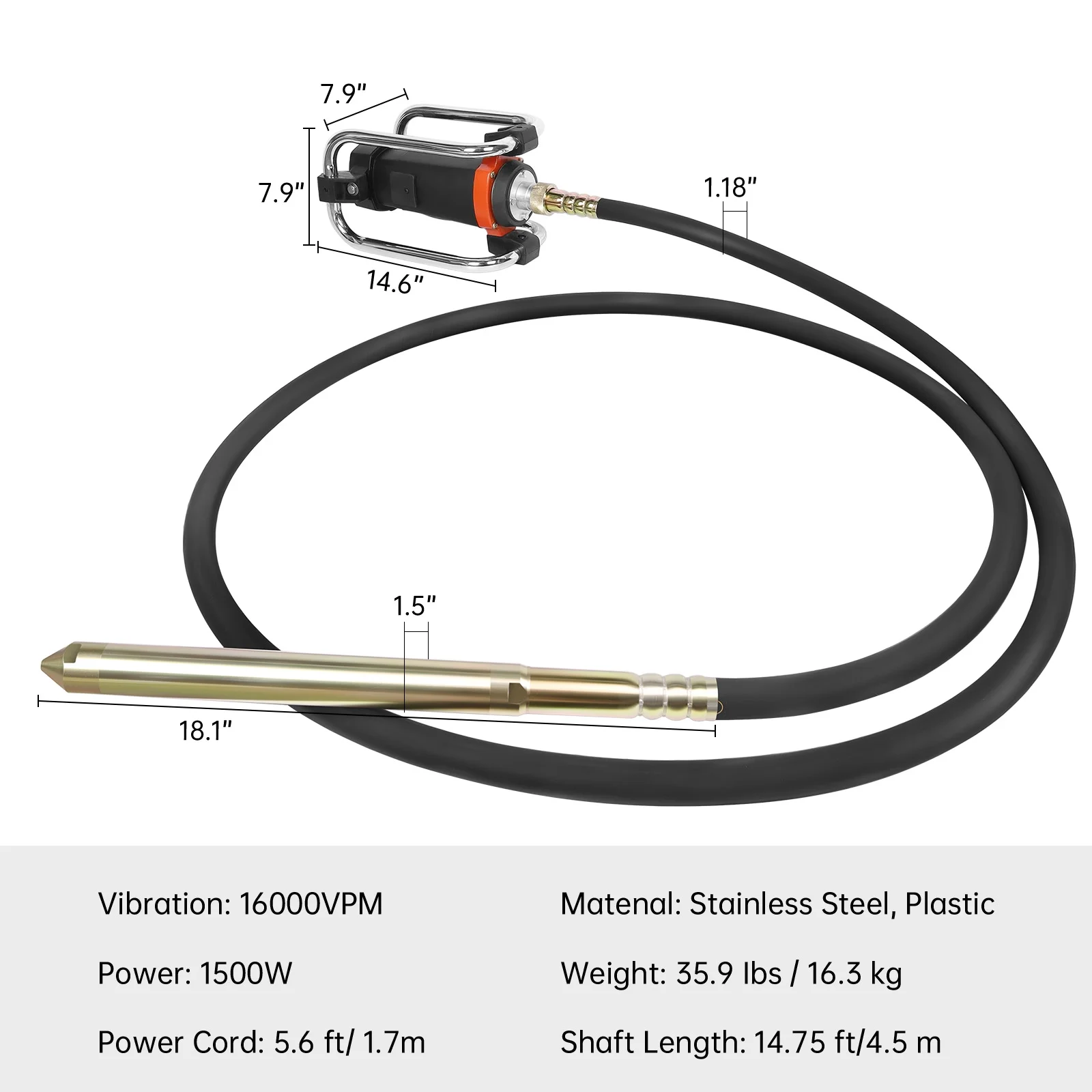 16,000 VPM Concrete Vibrating Tool, Concrete Vibrating Tool Equipped With 14.75FT Steel Vibrating Rod And Stainless Steel Roll Cage, Suitable For Removing Bubbles From Construction Cement - Image 6