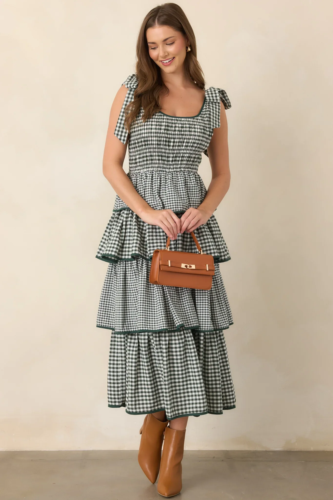 Garden Party Plans Hunter Green Gingham Tiered Midi Dress