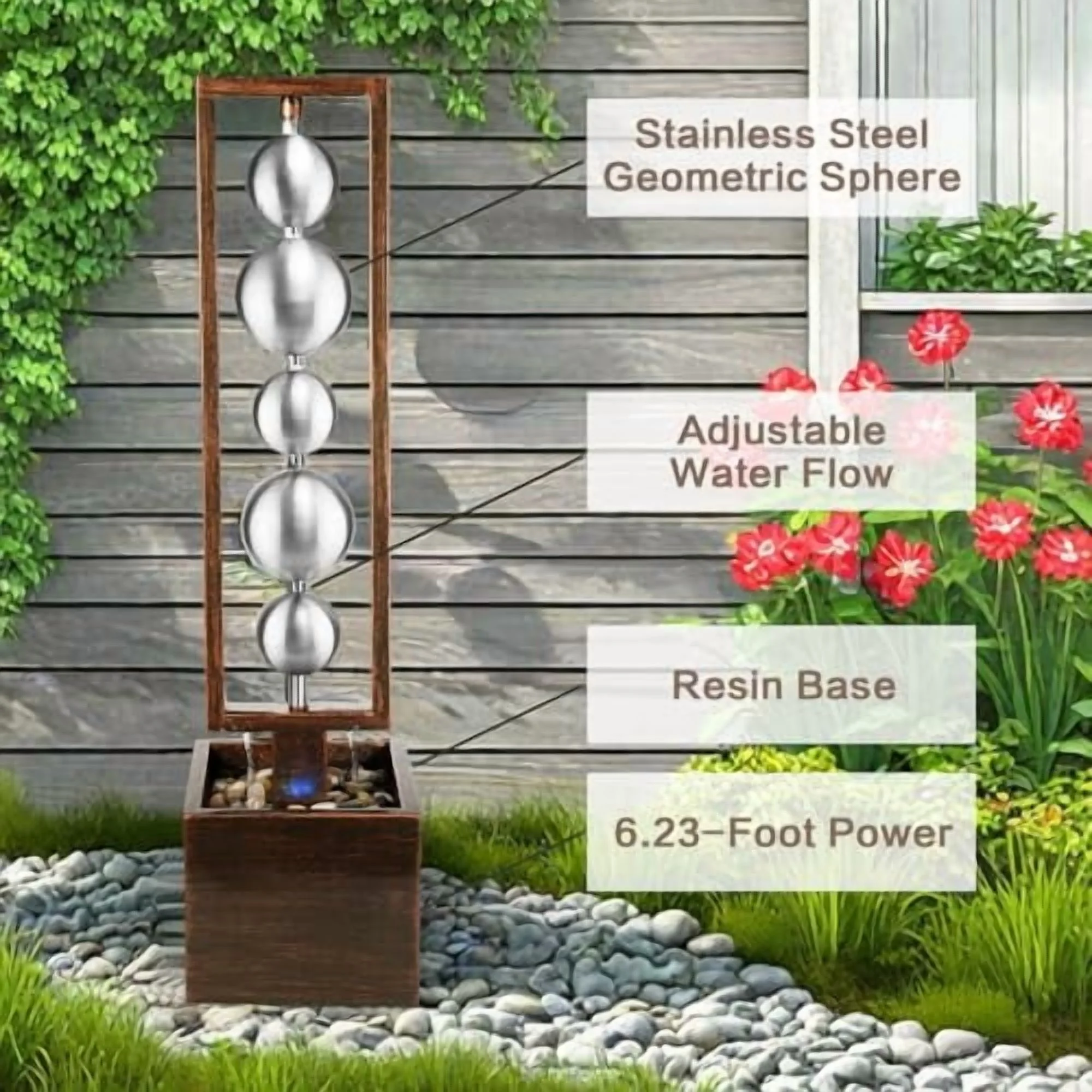 Outdoor Water Fountain with Pump, Relaxing Stainless Steel Geometric Sphere Freestanding Waterfall Fountains Modern Home Decor for Patio Garden Yard, Gift Idea, Bronze - Image 3