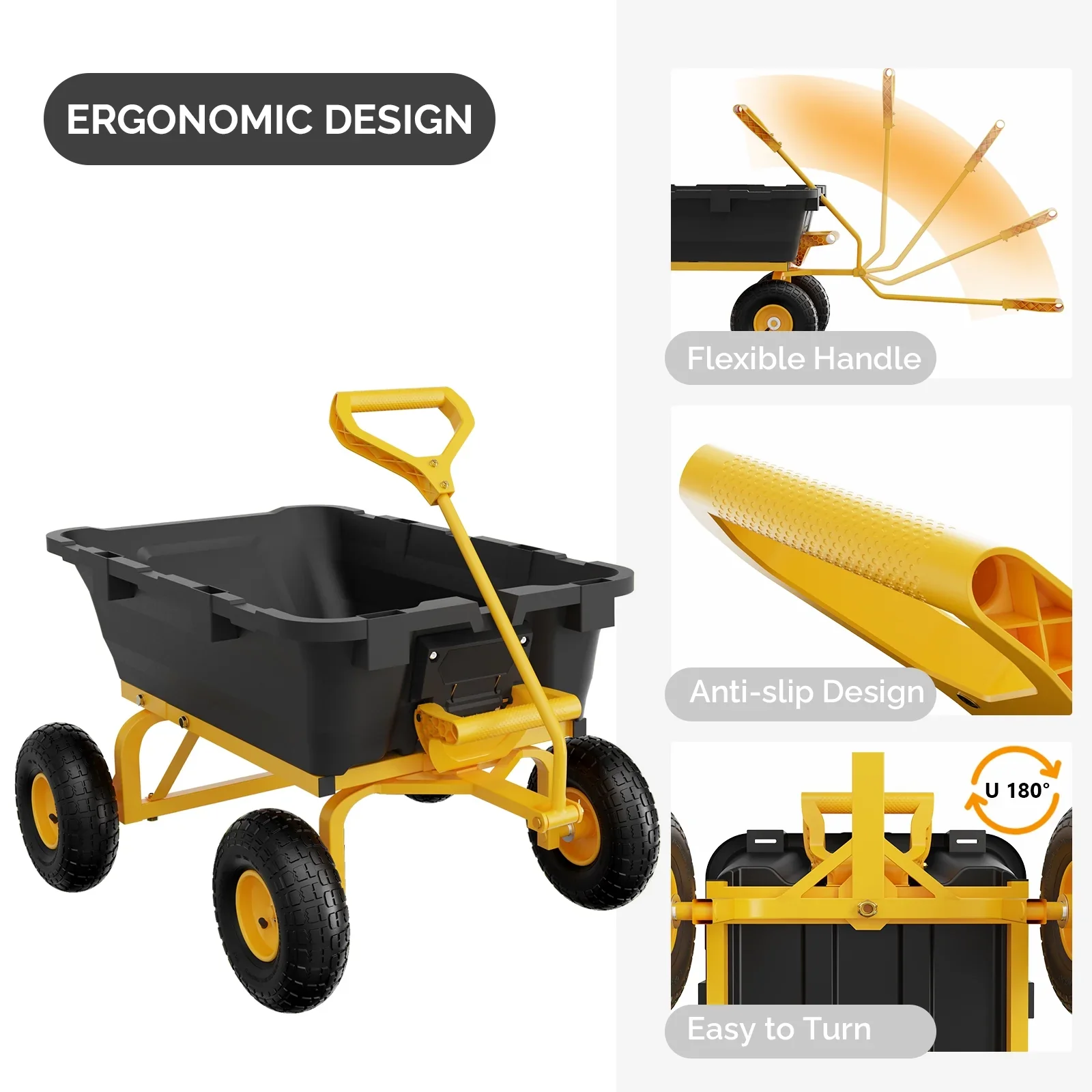 Zimtown 770 lbs Garden Dump Cart 4 Wheel All Terrain Steel Frame Quick Release, Yellow & Black
