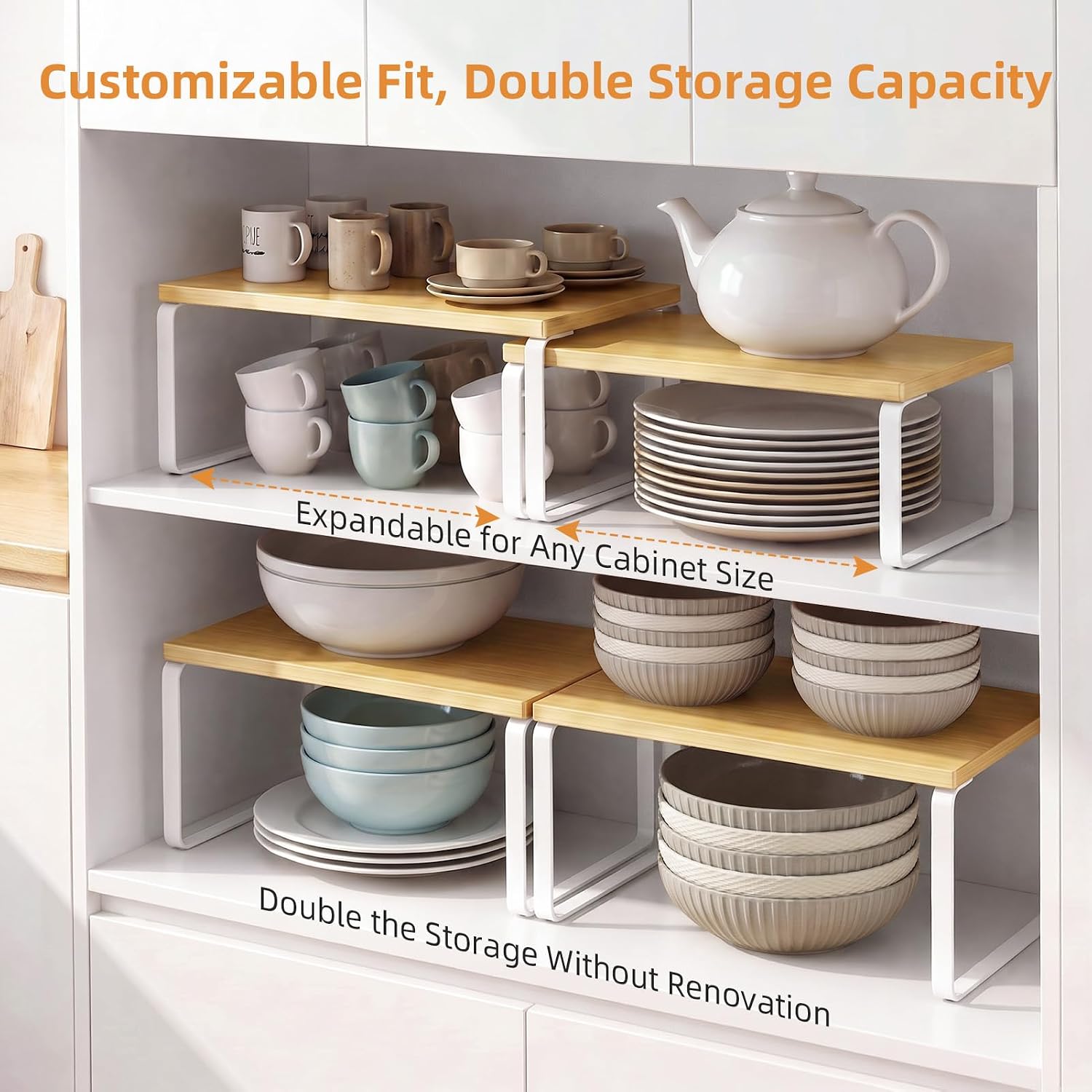 LAMU Cabinet Organizer Shelf, Set of 4 Expandable Kitchen Counter Shelve Plate Organizer for Cabinets, Stackable Spice Rack, Cupboard Organizers and Storage, Wood