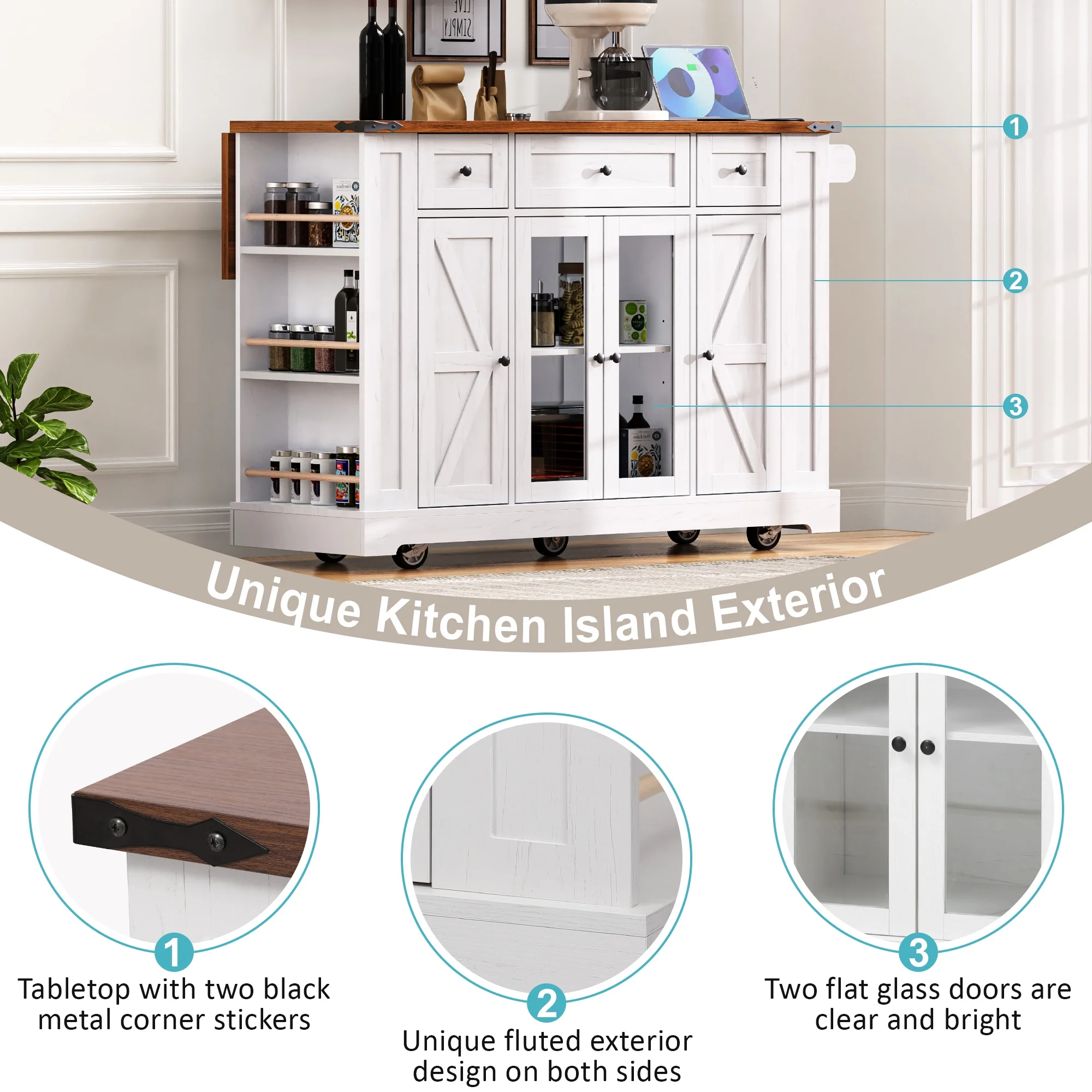 53'' Farmhouse Kitchen Island with Two Tempered Glass Cabinet Doors��Rolling Kitchen Cart on Wheels(White) - Image 7