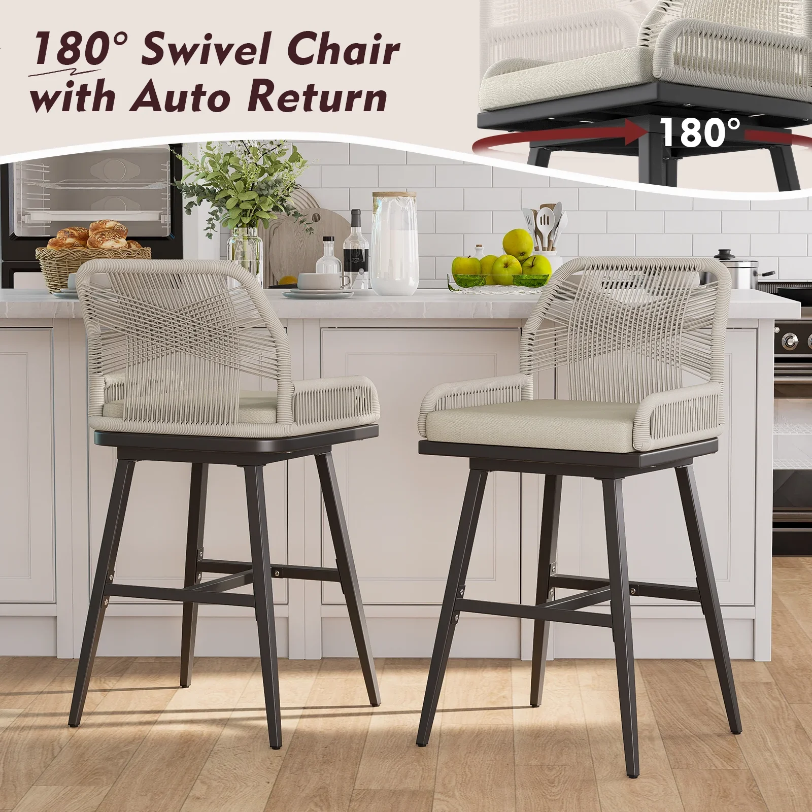 MEISSALIVVE Set of 2 Rattan Swivel Bar Stools, 26 Counter Height with Woven Rope Back, Cushioned Patio Bar Chairs for Kitchen, Garden, Beige