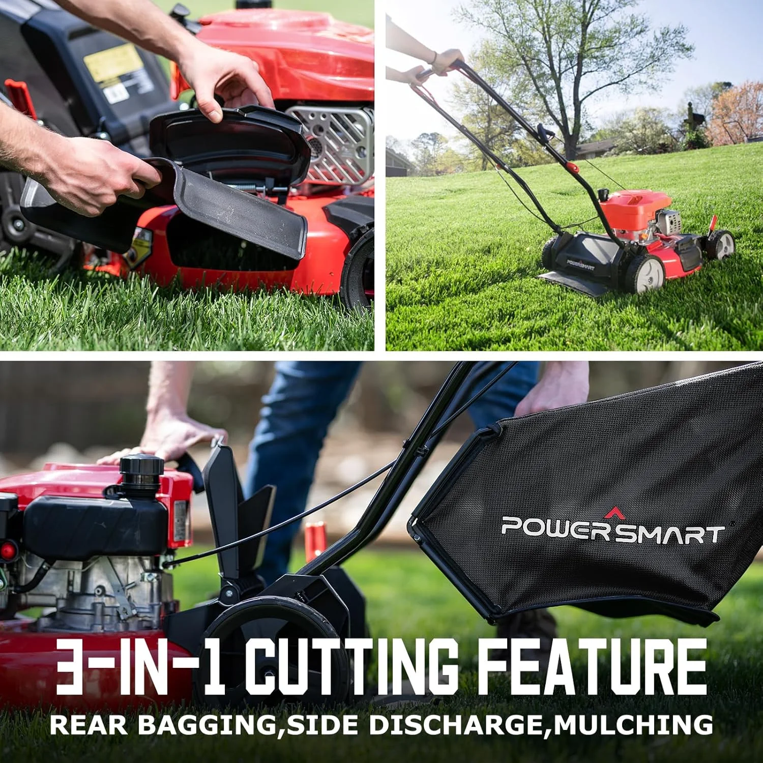 3-in-1 18-inch Gas Push Lawn Mower with 144cc Engine, 6-Position Height Adjustment - Image 5