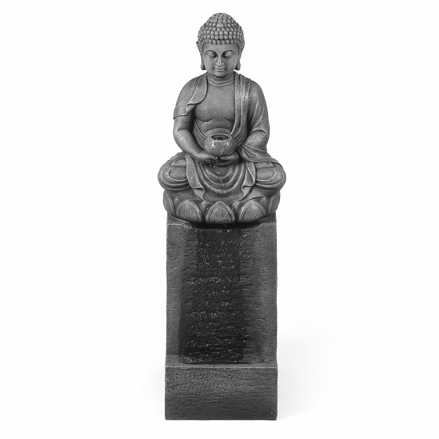 LuxenHome 35 Meditating Buddha Outdoor Water Fountain with LED Lights, Gray Resin Waterfall Fountains Garden Decor