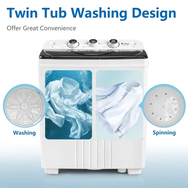20Lb Twin Tub Washing Machine w/ Built-In Pump Semi-Automatic 1300RPM Compact Washer for Apartment, Dorm, RV, Camping, White/Black - Image 7