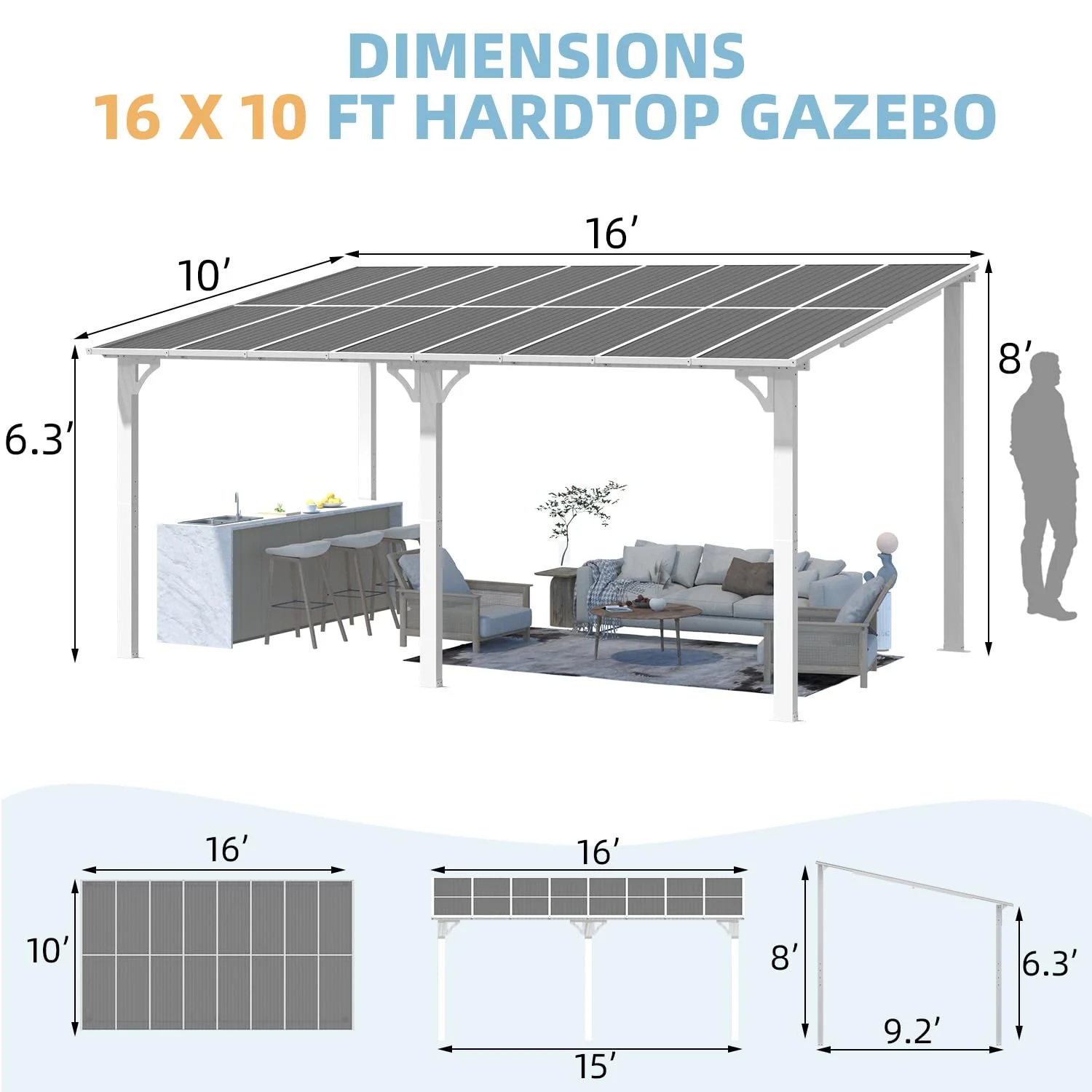 AECOJOY 16'x10' Wall Mounted Gazebos Pergola, White
