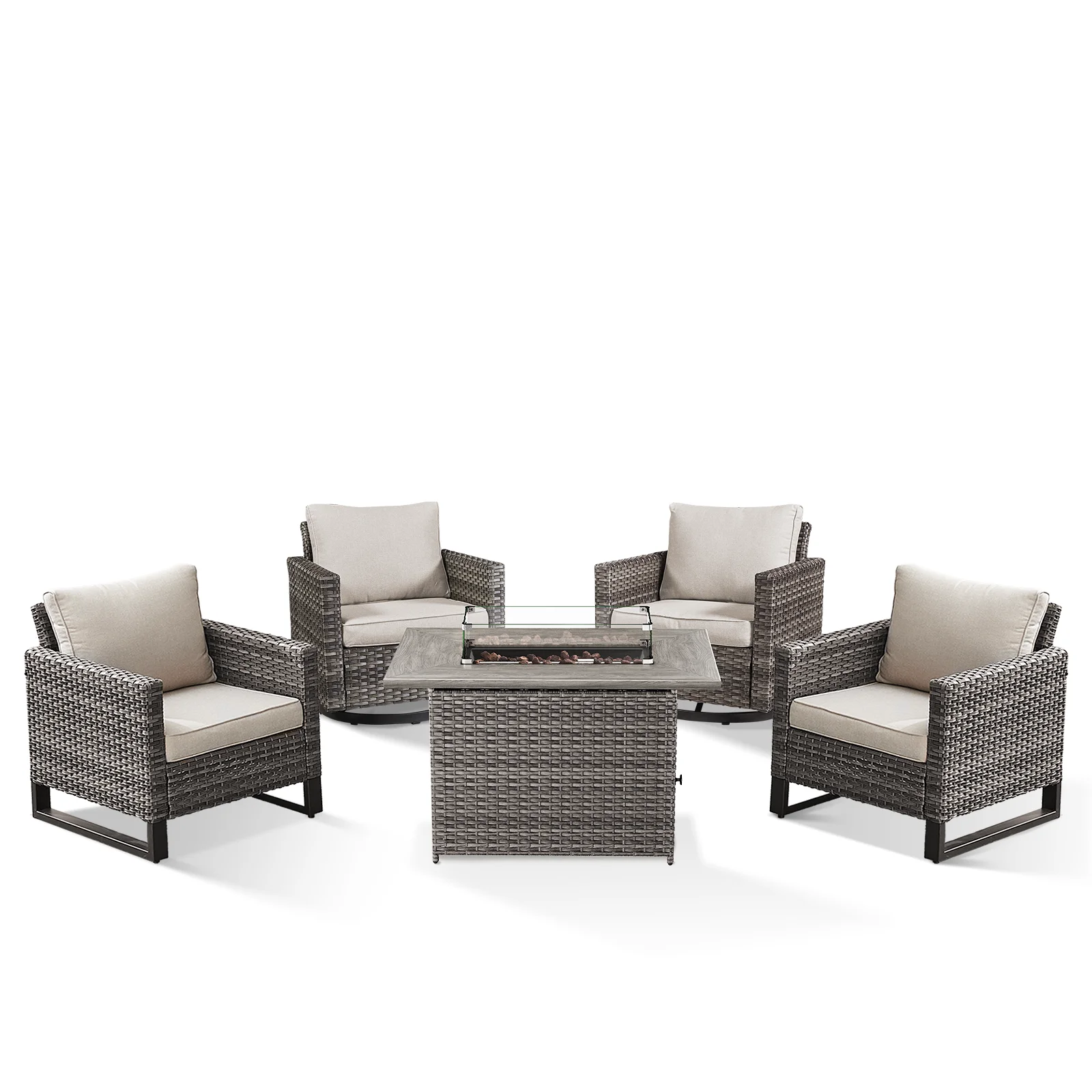5 Pieces Outdoor Swivel Rocker Chairs Patio Furniture Set with Gas Fire Pit Table, Wicker Patio Conversation Fire Pit Table Set for Garden, Deck, Porch, Backyard,Beige(Beige/Brown) - Image 4