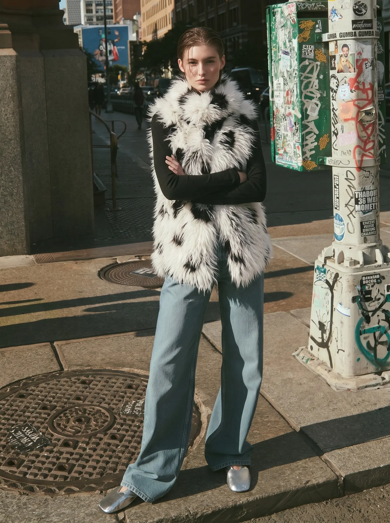 FW26 fall and winter dating outfit featuring a faux fur vest