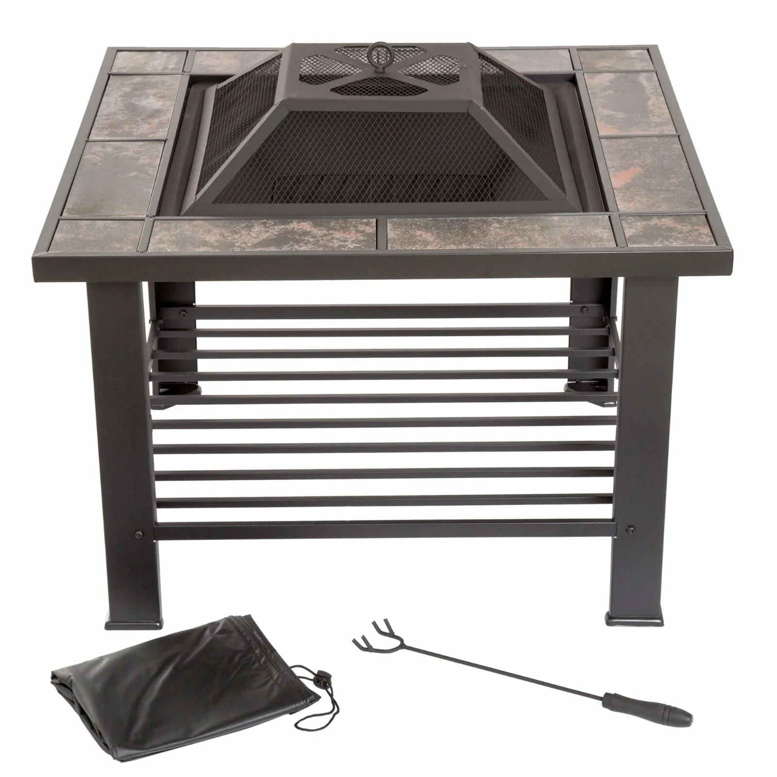 Fire Pit Table – 30-Inch Square Wood Burning Bonfire Pit with Marble Tile Edge, Spark Screen, Tile Fire Bowl Cover, Log Poker by Pure Garden (Black)