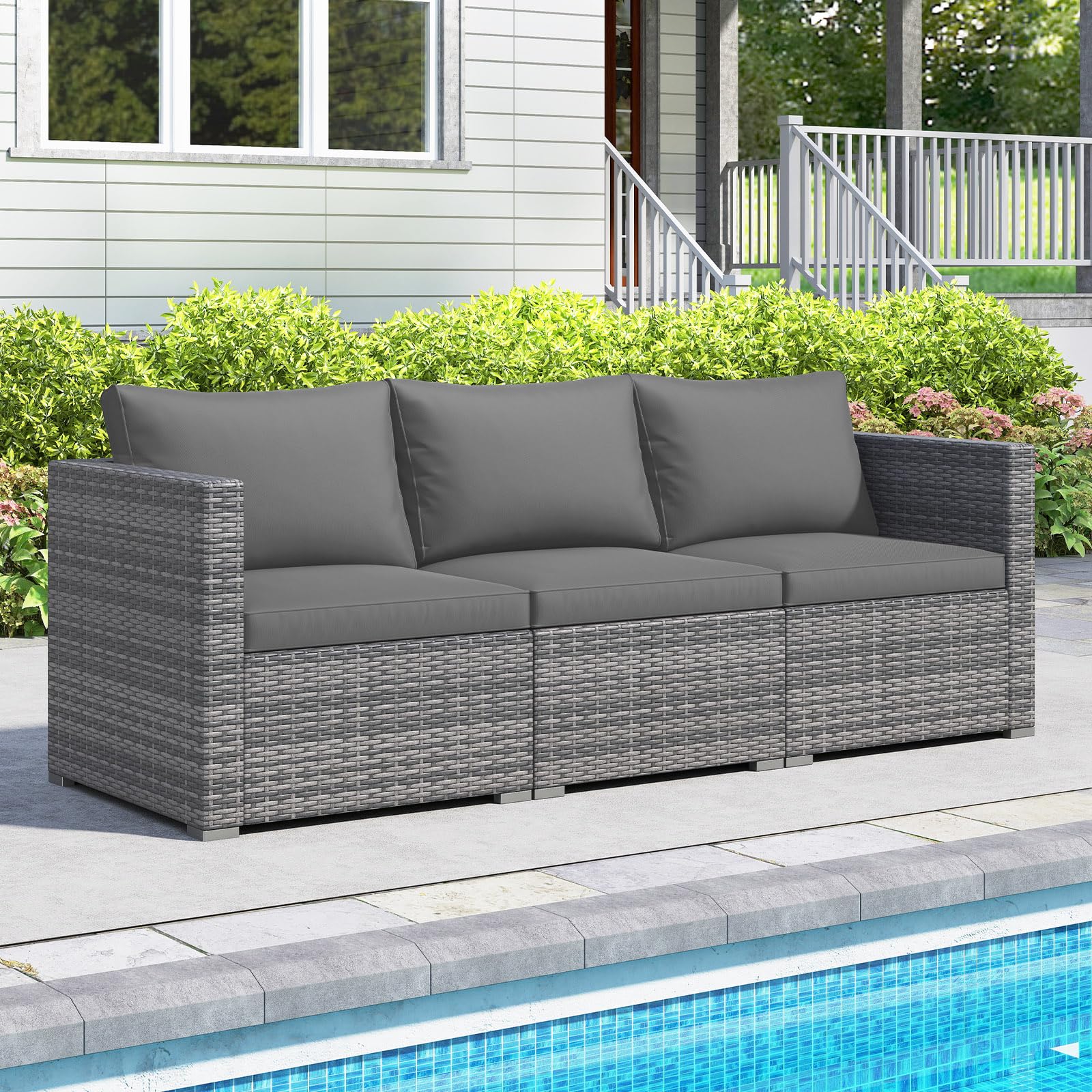 Tangkula Outdoor Patio 3 Seat Sofa Set | PE Rattan Modular Cushioned Sectional Couch Furniture Set