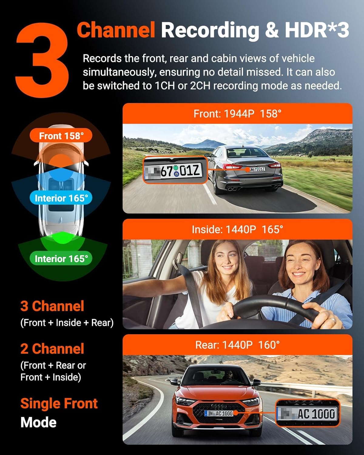 Vantrue N4S 3 Channel Front Inside Rear Dash Cam  2.7K+1440P+1440P WiFi Dash Camera w/PlatePix™  STARVIS 2 x HDR x IR Night Vision  Voice Control  GPS  24/7 Parking Mode  Support 1TB Max