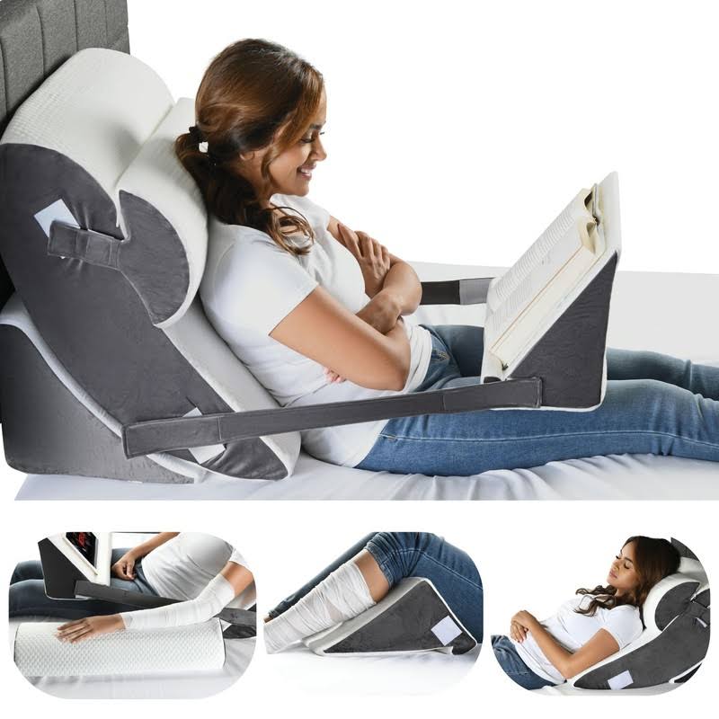 Gleur Bed Wedge Pillow for Sleeping 4 Piece Set - Includes A Patent Pending Bed Desk Reading Pillow for Books Tablet - Adjustable Incline for All