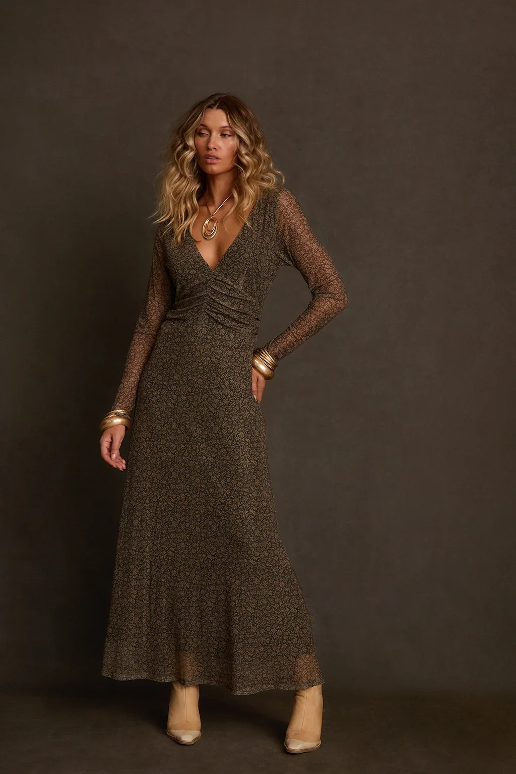Kristin Olive Ditsy Floral Mesh Maxi Dress