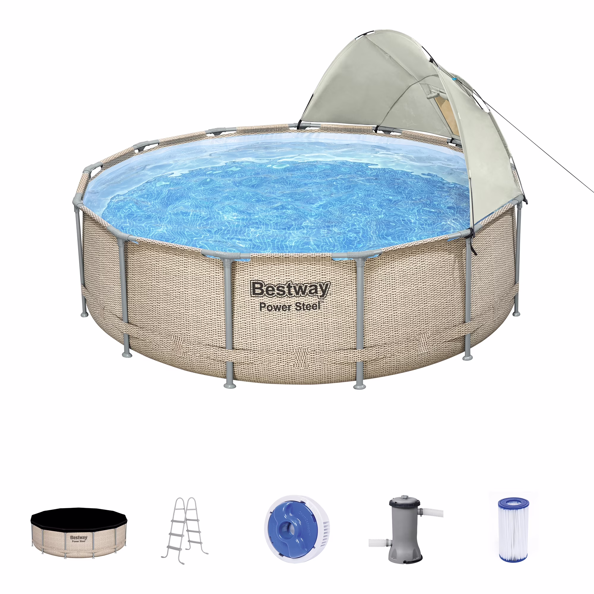 Power Steel 14' x 42" Round Above Ground Outdoor Swimming Pool Set(14ft. X 42in./Brown) - Image 3